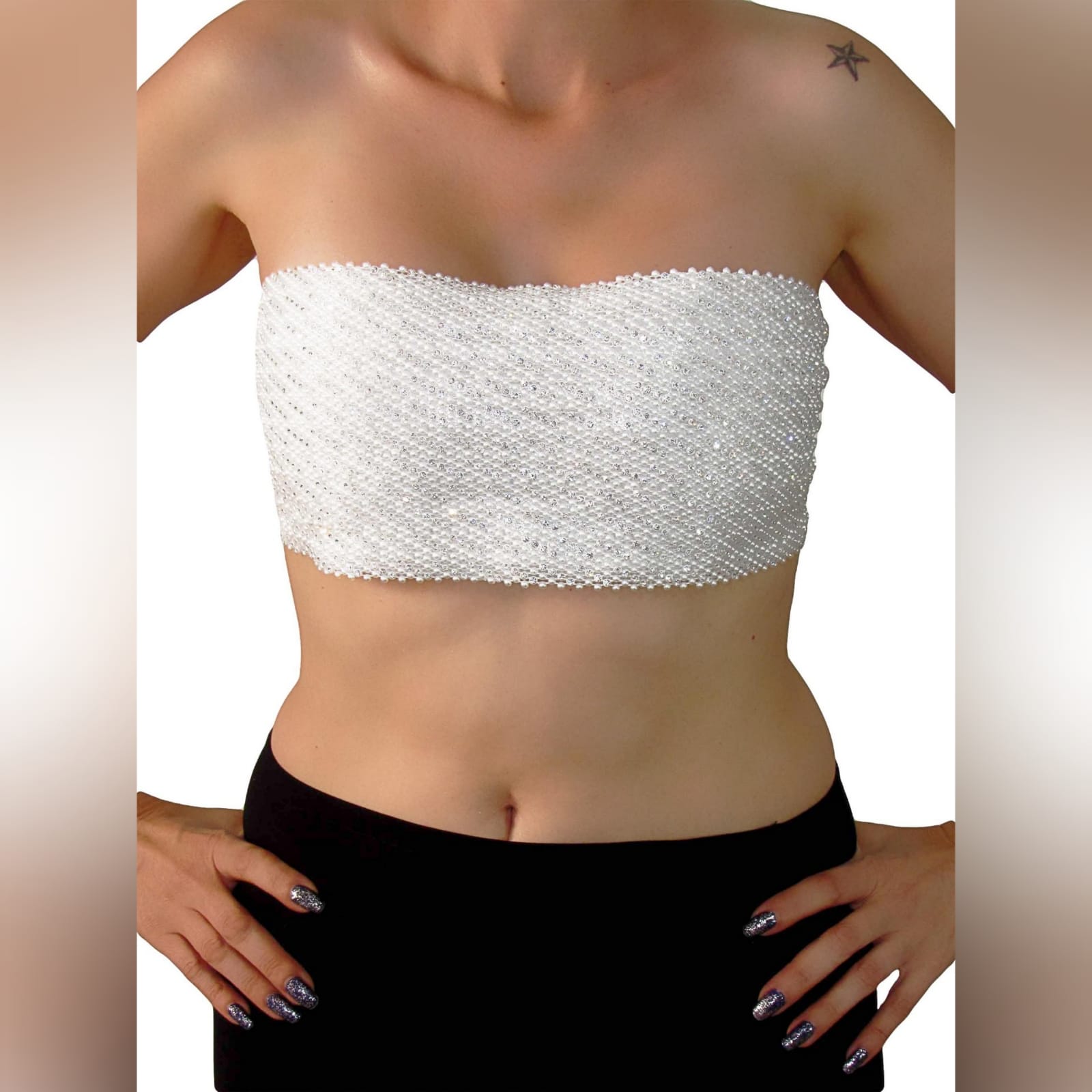 White boobtube tie up strap crop top 3 white boob-tube tie up strap crop top, with a beaded front. Handmade, one of a kind short top, great for the young woman that wants to look unique and feel sexy. This short sexy top fits a small, medium or large as you can just tie it tighter or looser. It is a great smart casual top, for a night out of dancing and fun. Can also be worn more casual on a lovely summer day as your one of a kind summer top.