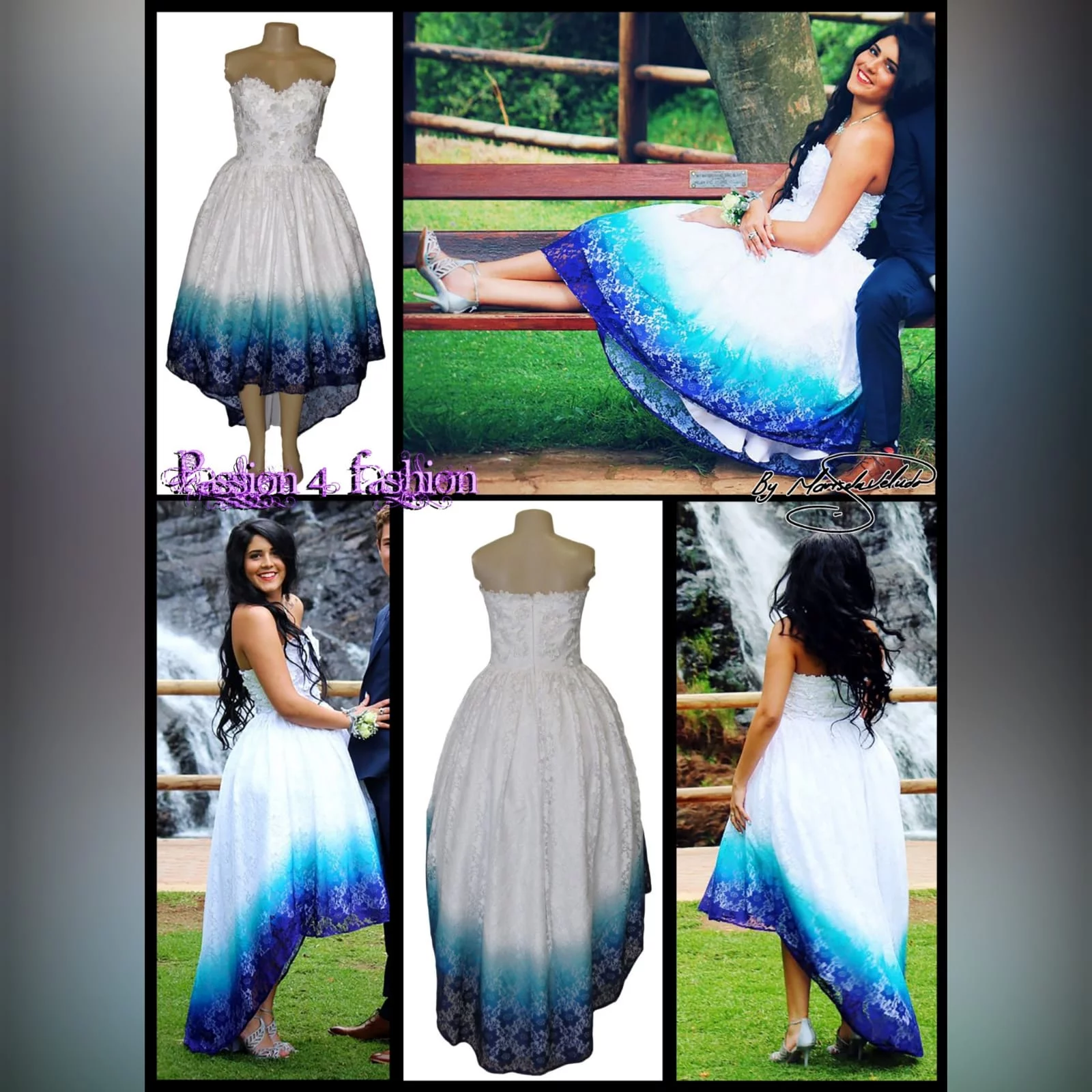 White high low boob tube lace ombre matric farewell dress 5 white high low boob tube lace ombre in blue, purple and turquoise. With 3d lace detail