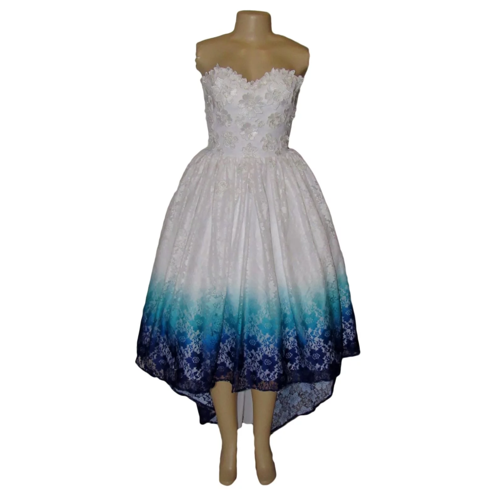 White high low boob tube lace ombre matric farewell dress 6 white high low boob tube lace ombre in blue, purple and turquoise. With 3d lace detail