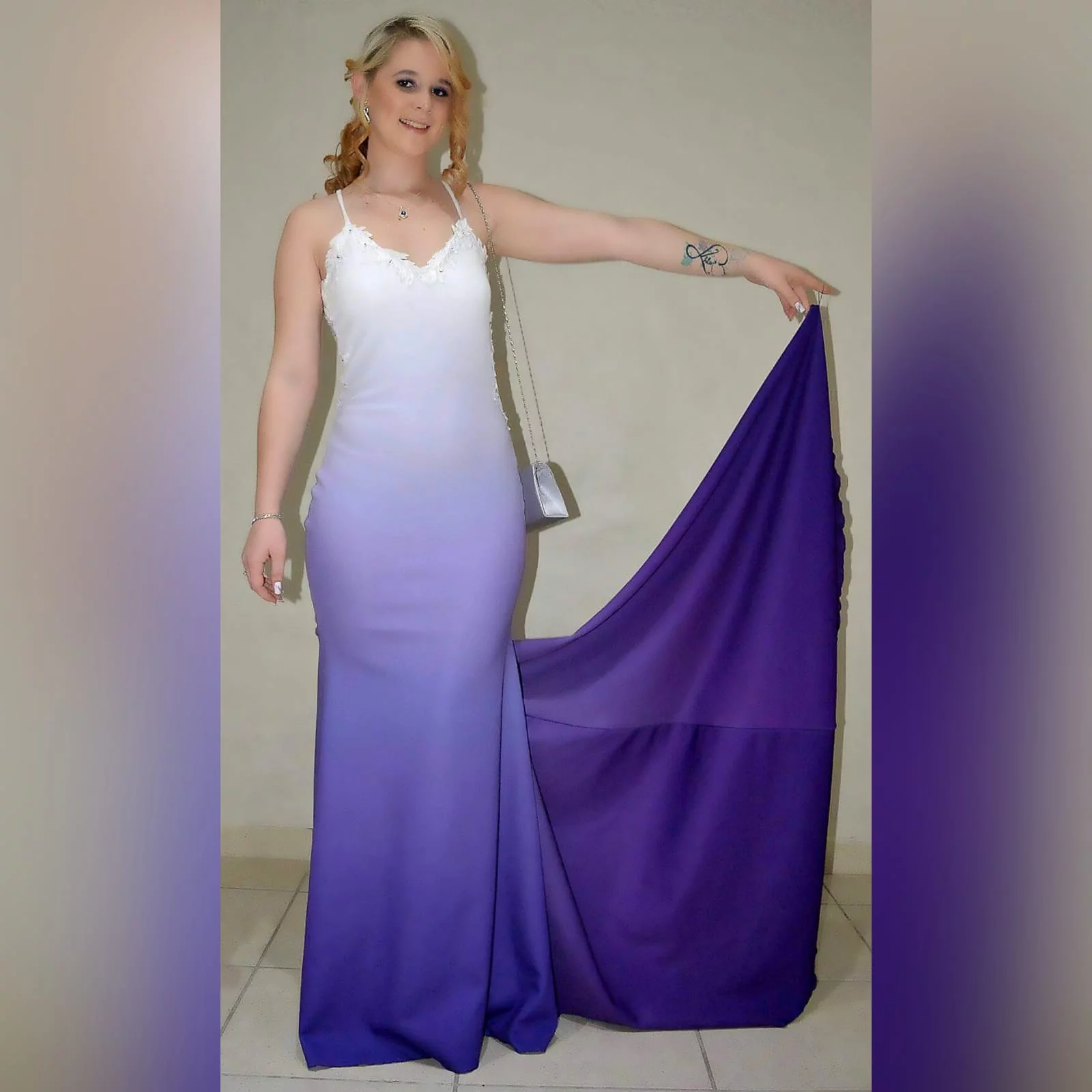White & purple ombre soft mermaid prom dress 3 white & purple ombre soft mermaid prom dress with a sheer lace back. A sweetheart neckline. With a touch of silver beads and a train.