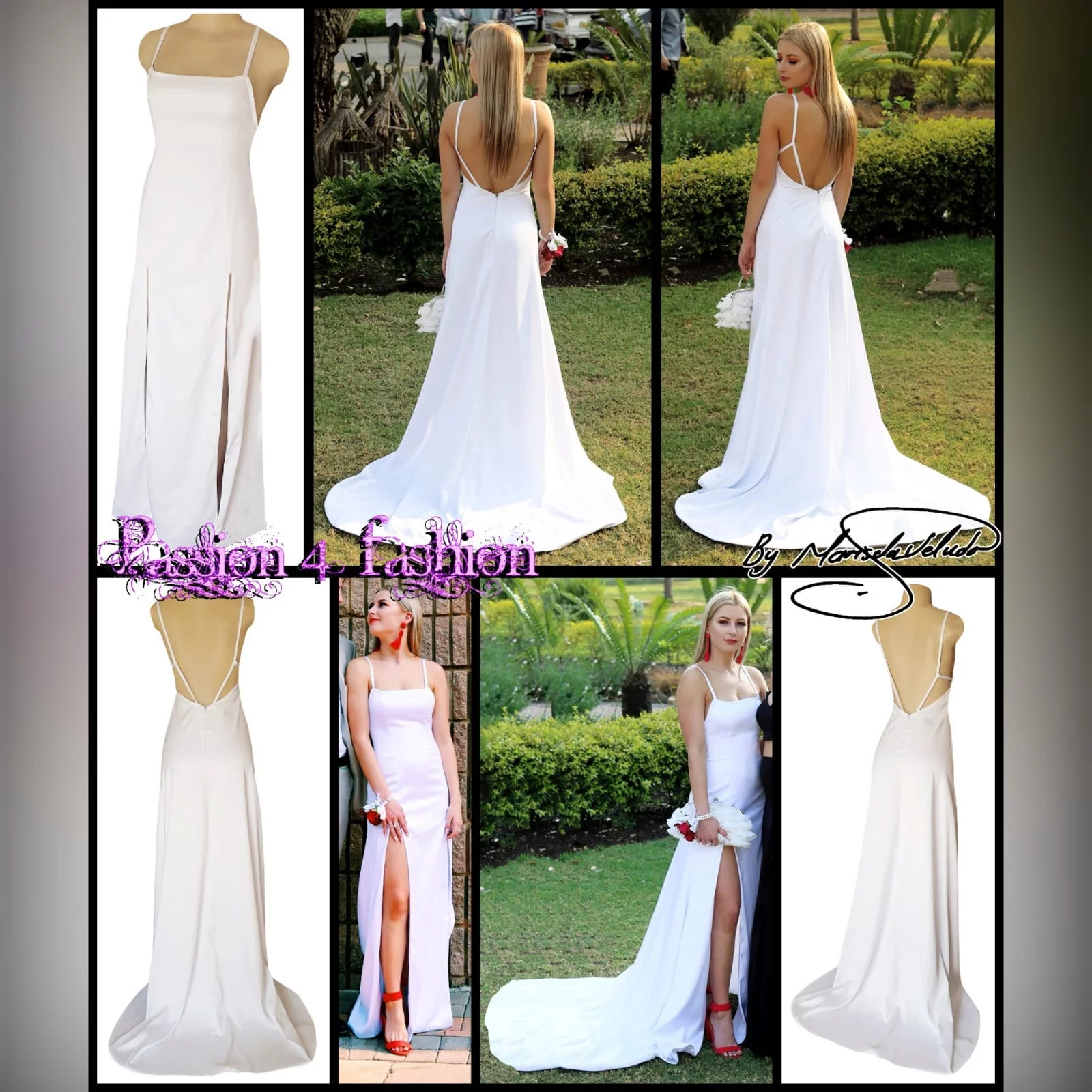 White satin long prom dress with a low open back 8 white satin long prom dress with a low open back, with strap detail. Straight neckline, 2 slits and a train.