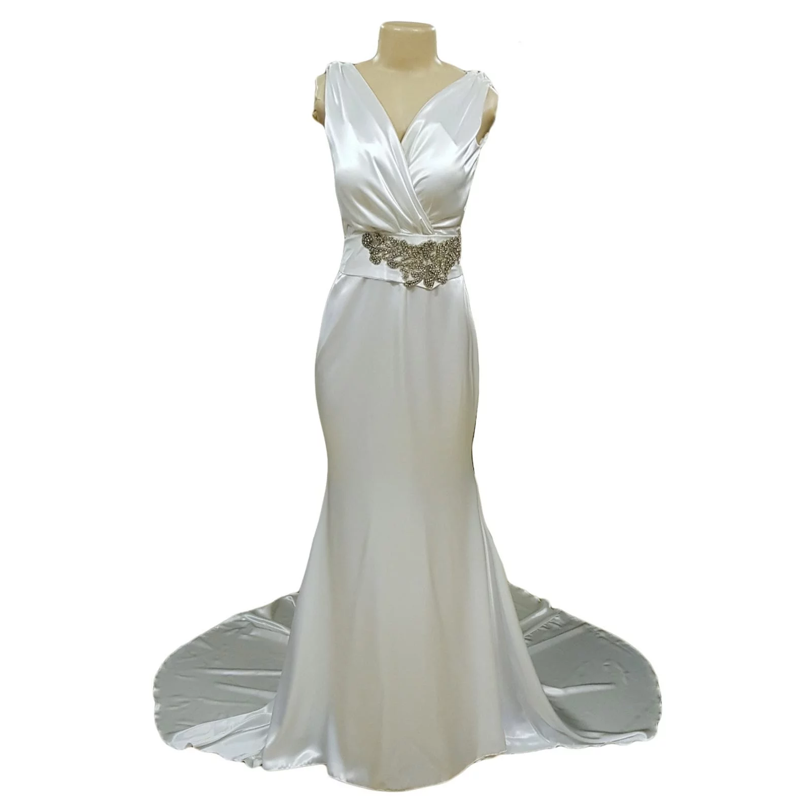 White satin soft mermaid wedding dress with silver belt detail 6 white satin soft mermaid wedding dress, cross busted neckline, open cowl neck back. Angled belt with diamante detail. Train with train hookup.