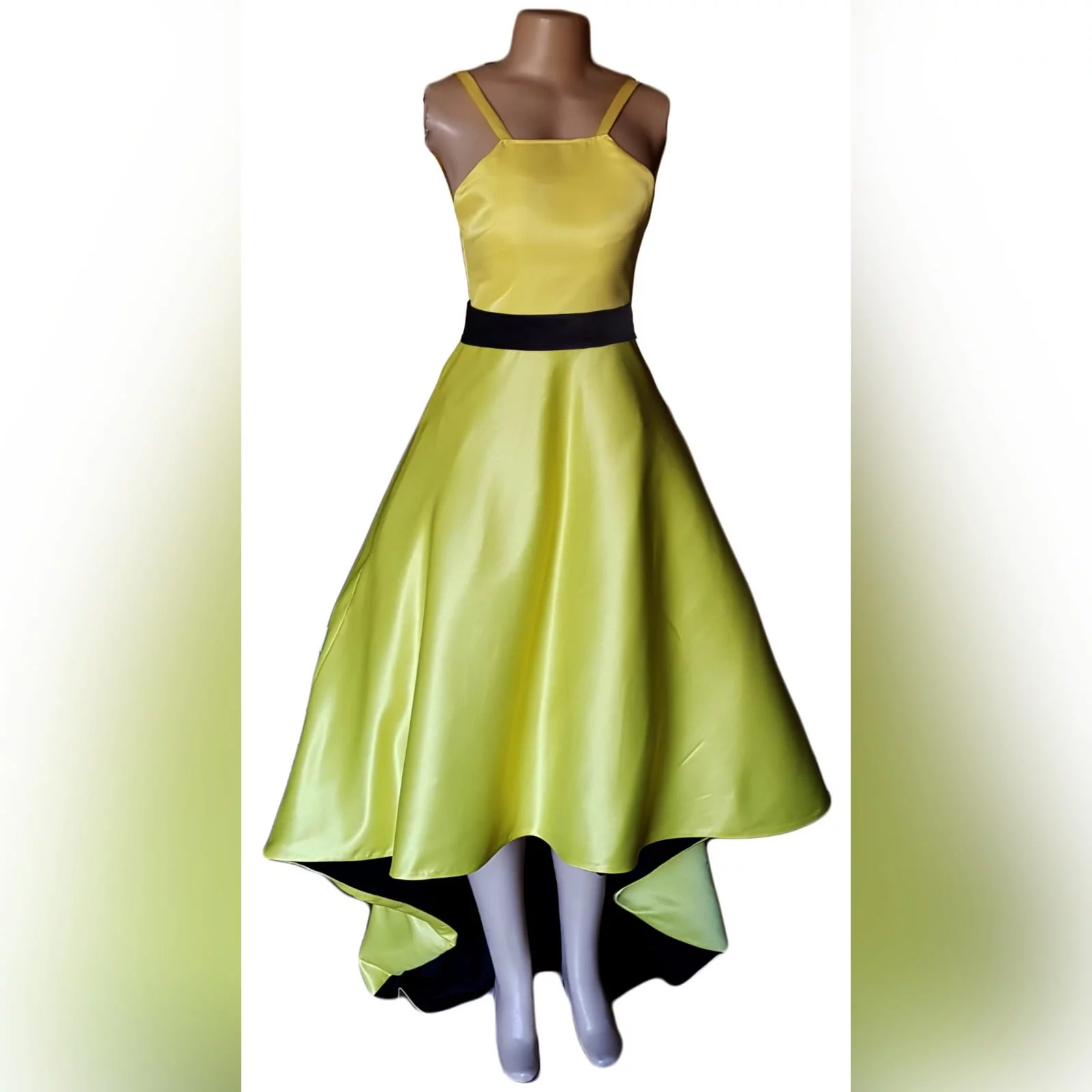 Yellow & black high low matric farewell dress 4 yellow & black high low matric farewell dress with an open back, pockets and a detachable black belt