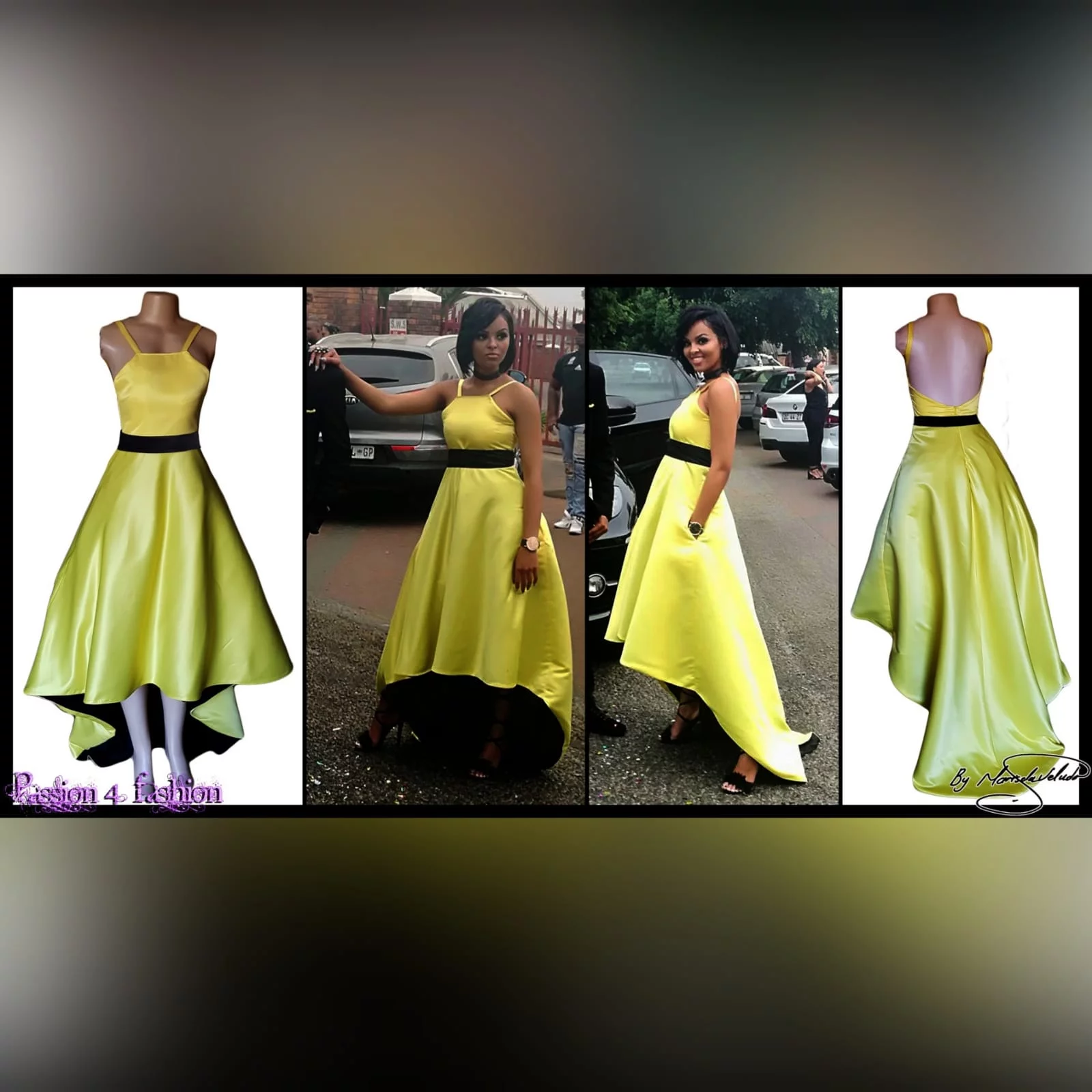 Yellow & black high low matric farewell dress 5 yellow & black high low matric farewell dress with an open back, pockets and a detachable black belt