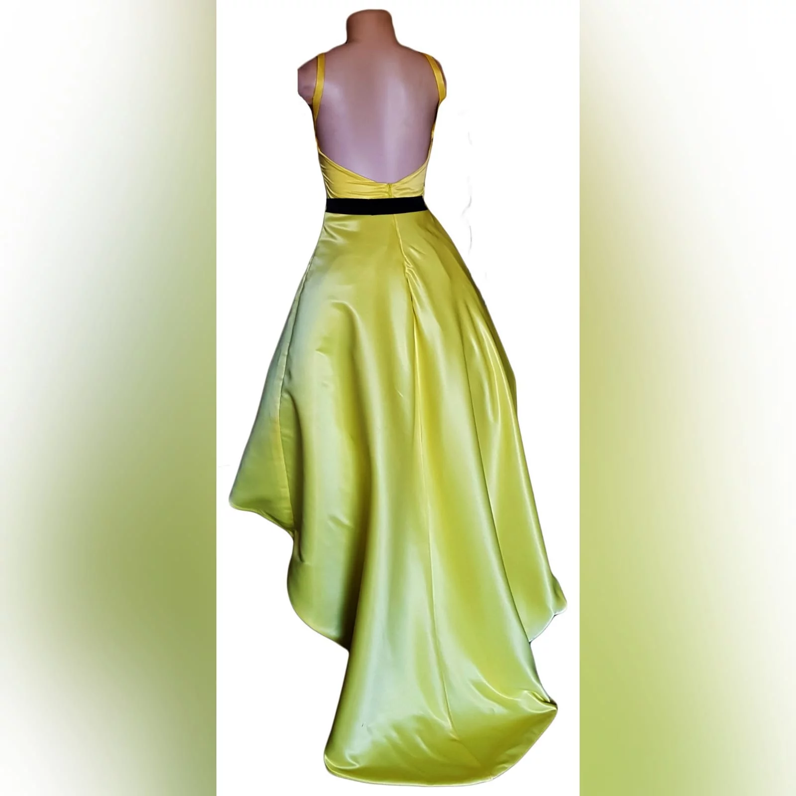 Yellow & black high low matric farewell dress 6 yellow & black high low matric farewell dress with an open back, pockets and a detachable black belt