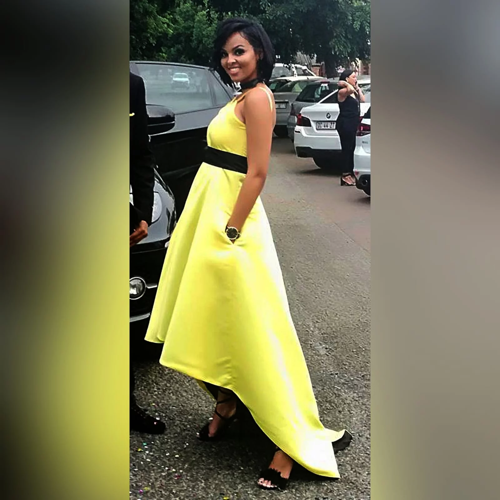 Yellow & black high low matric farewell dress 1 yellow & black high low matric farewell dress with an open back, pockets and a detachable black belt