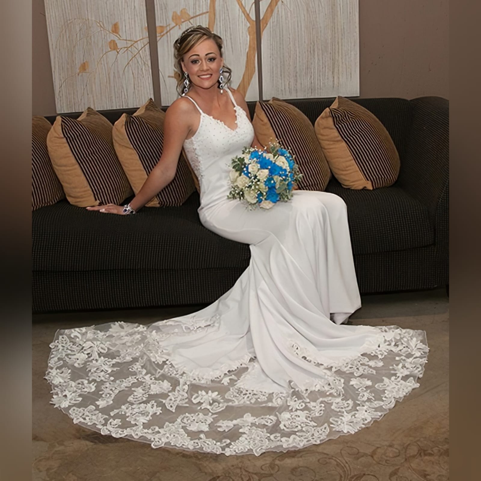 Stunning white soft mermaid lace wedding dress 3 a stunning white soft mermaid lace wedding dress designed and made per measurement sent to my client in south africa. An absolute romantic and elegant design that made her day more special and memorable. Wedding dress with a beaded bust. Sheer lace back and a long lace train to add a dramatic touch to this dress