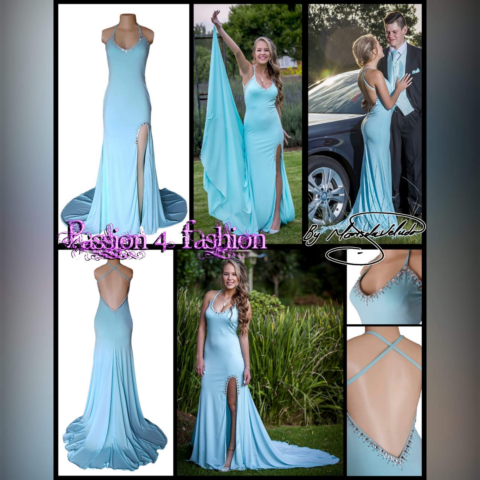Aqua blue and silver prom dress 9 aqua blue and silver prom dress with a rounded neckline, open low v back with thin crossed straps, slit and a train. Dress detailed with silver beads and stones.