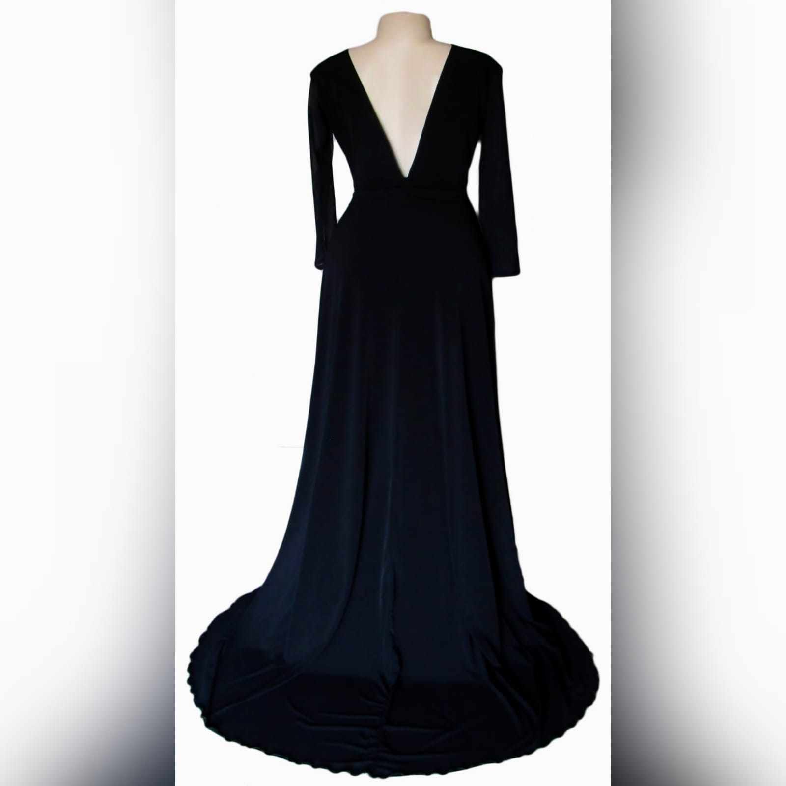 Black simple long formal dress 2 black simple long prom dress with a front and back v neckline. With translucent long sleeves. Slit and a train.