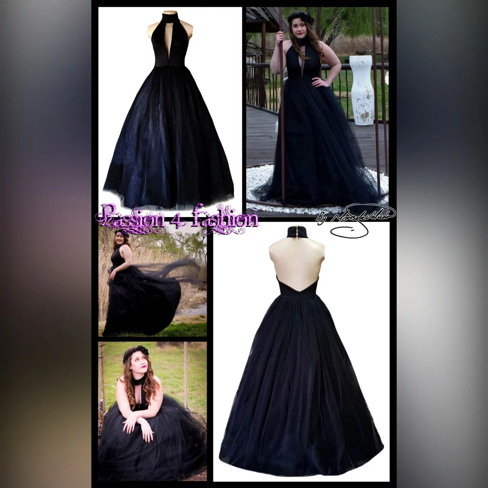 Black tulle prom ball gown 6 black tulle prom ball gown with an illusion plunging neckline and choker, backless design creating a v, with a full long tulle bottom.