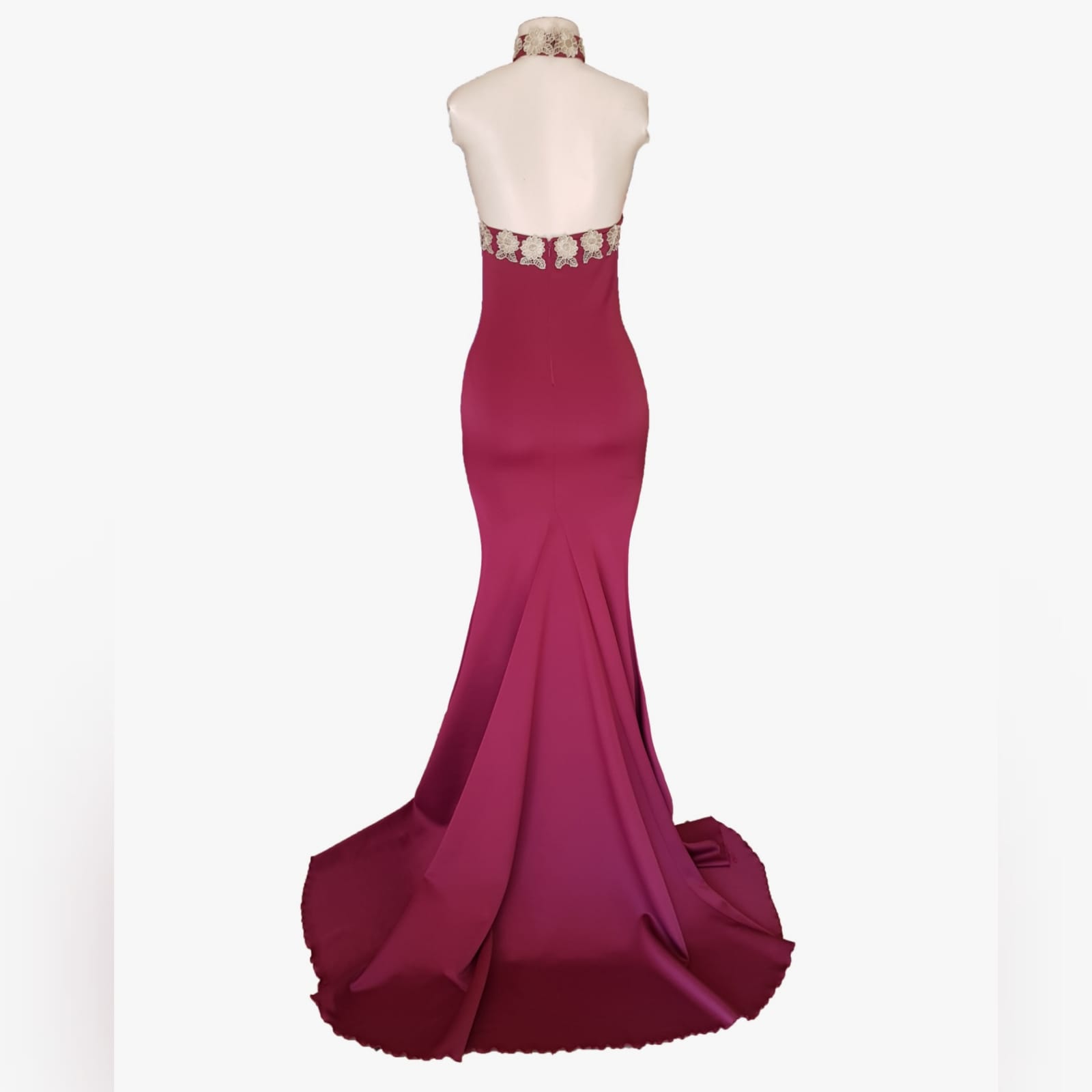 Burgundy and gold soft mermaid gala dress 3 burgundy and gold soft mermaid gala dress for a formal function. Boobtube with a v neckline, high slit and a train. Bodice detailed with gold shimmer lace. With a matching choker.