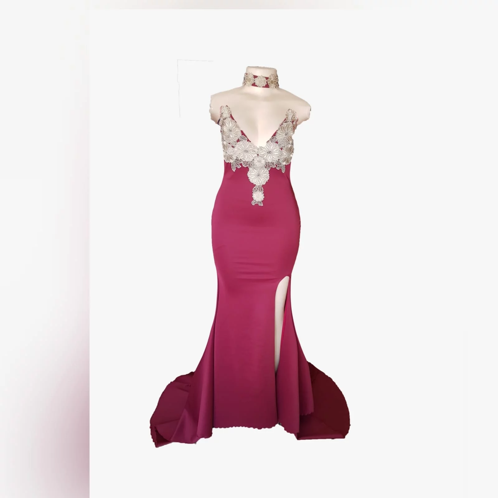 Burgundy and gold soft mermaid gala dress 4 burgundy and gold soft mermaid gala dress for a formal function. Boobtube with a v neckline, high slit and a train. Bodice detailed with gold shimmer lace. With a matching choker.