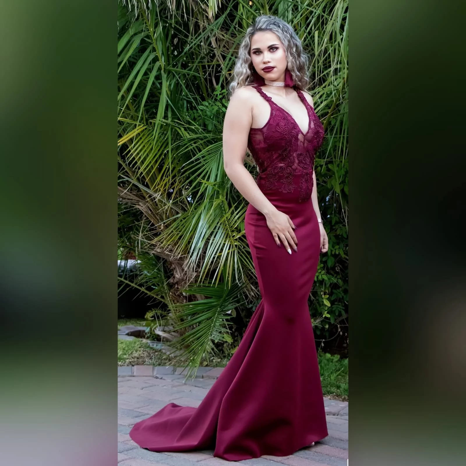 Burgundy soft mermaid sexy elegant matric dance dress 3 burgundy soft mermaid sexy elegant matric dance dress. With an illusion lace bodice with deep v neckline, low open v back with strap detail, with a train