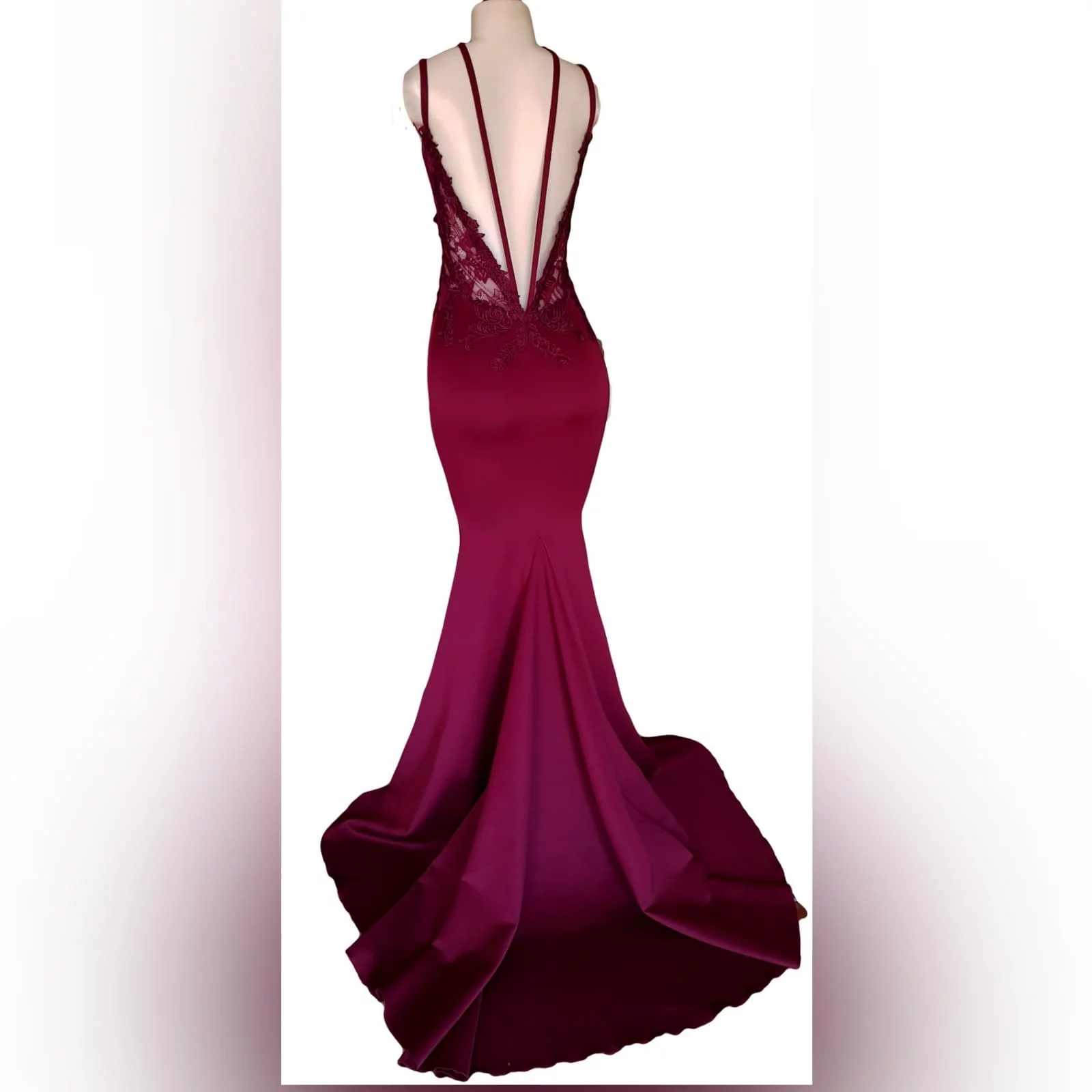 Burgundy soft mermaid sexy elegant matric dance dress 4 burgundy soft mermaid sexy elegant matric dance dress. With an illusion lace bodice with deep v neckline, low open v back with strap detail, with a train