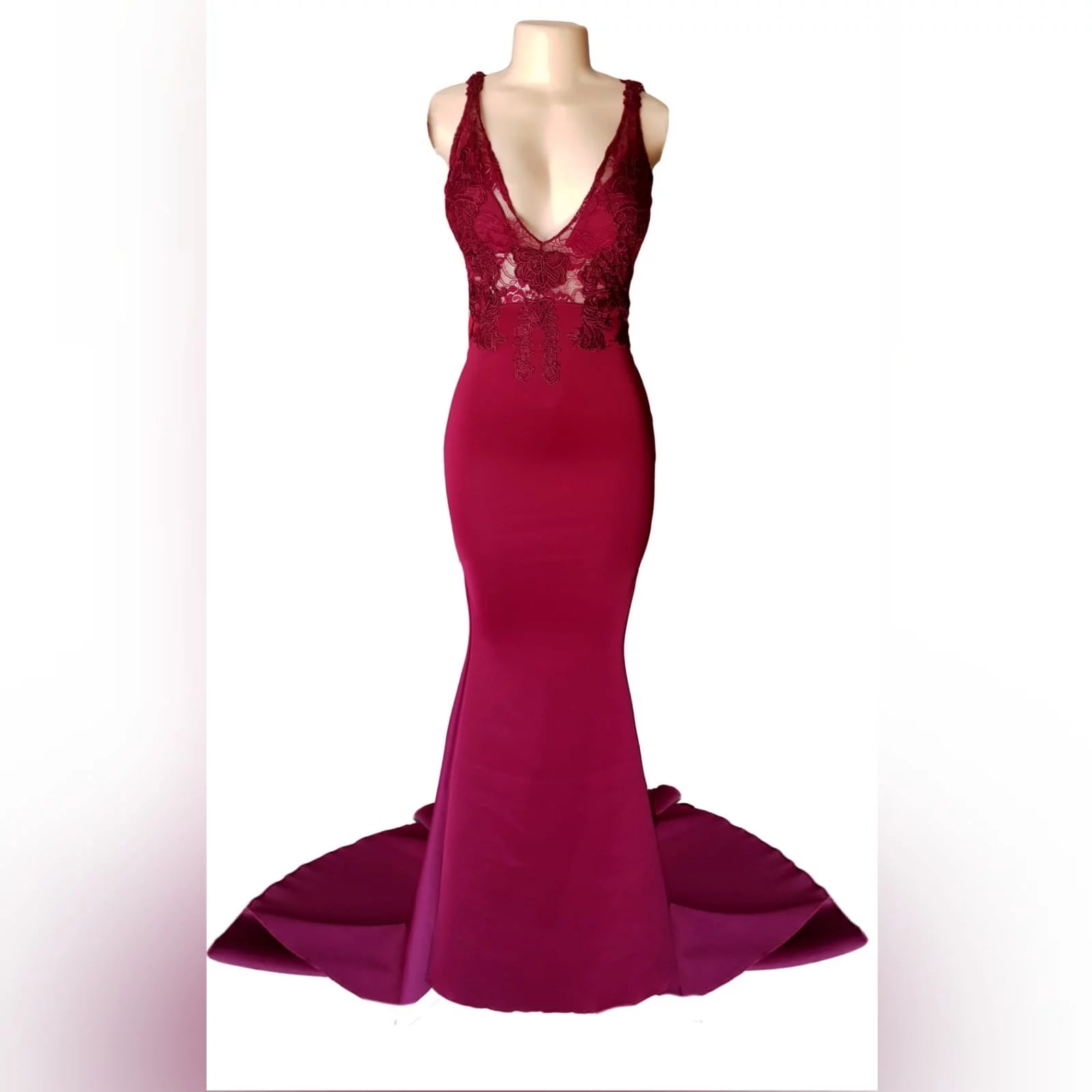 Burgundy soft mermaid sexy elegant matric dance dress 5 burgundy soft mermaid sexy elegant matric dance dress. With an illusion lace bodice with deep v neckline, low open v back with strap detail, with a train