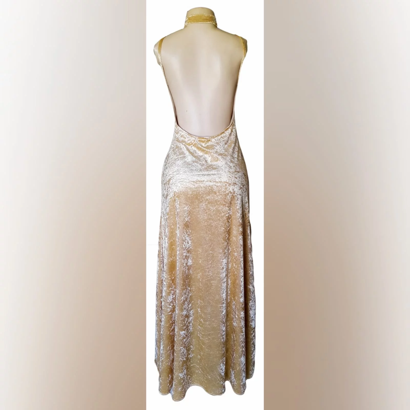 Champagne velvet long prom dress 4 champagne velvet long prom dress with a v neckline, rounded backless design with a high slit and a matching choker.