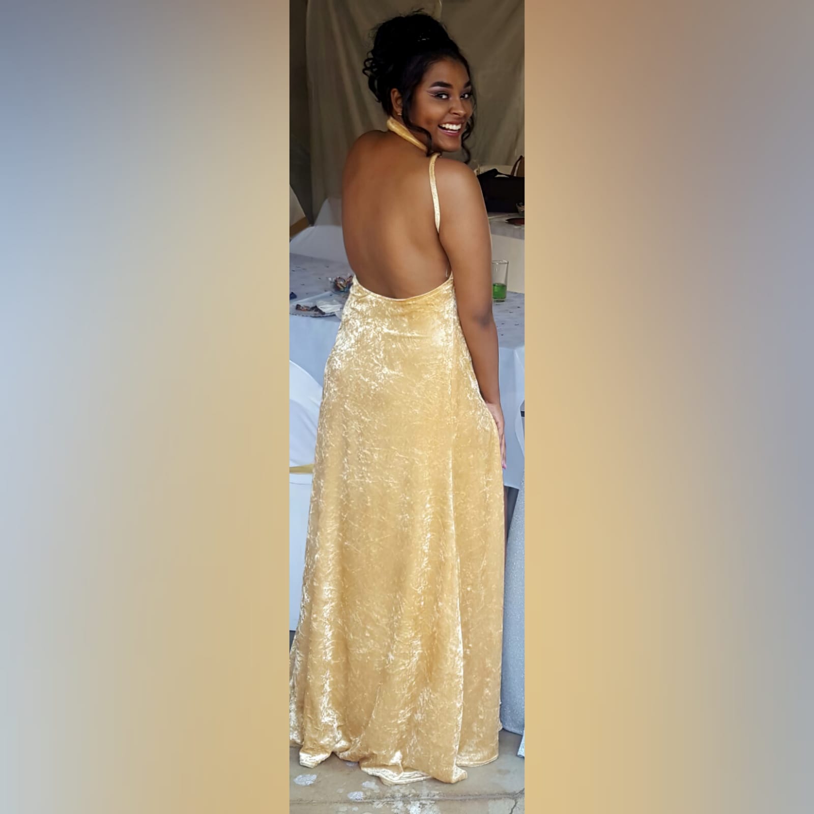 Champagne velvet long prom dress 5 champagne velvet long prom dress with a v neckline, rounded backless design with a high slit and a matching choker.