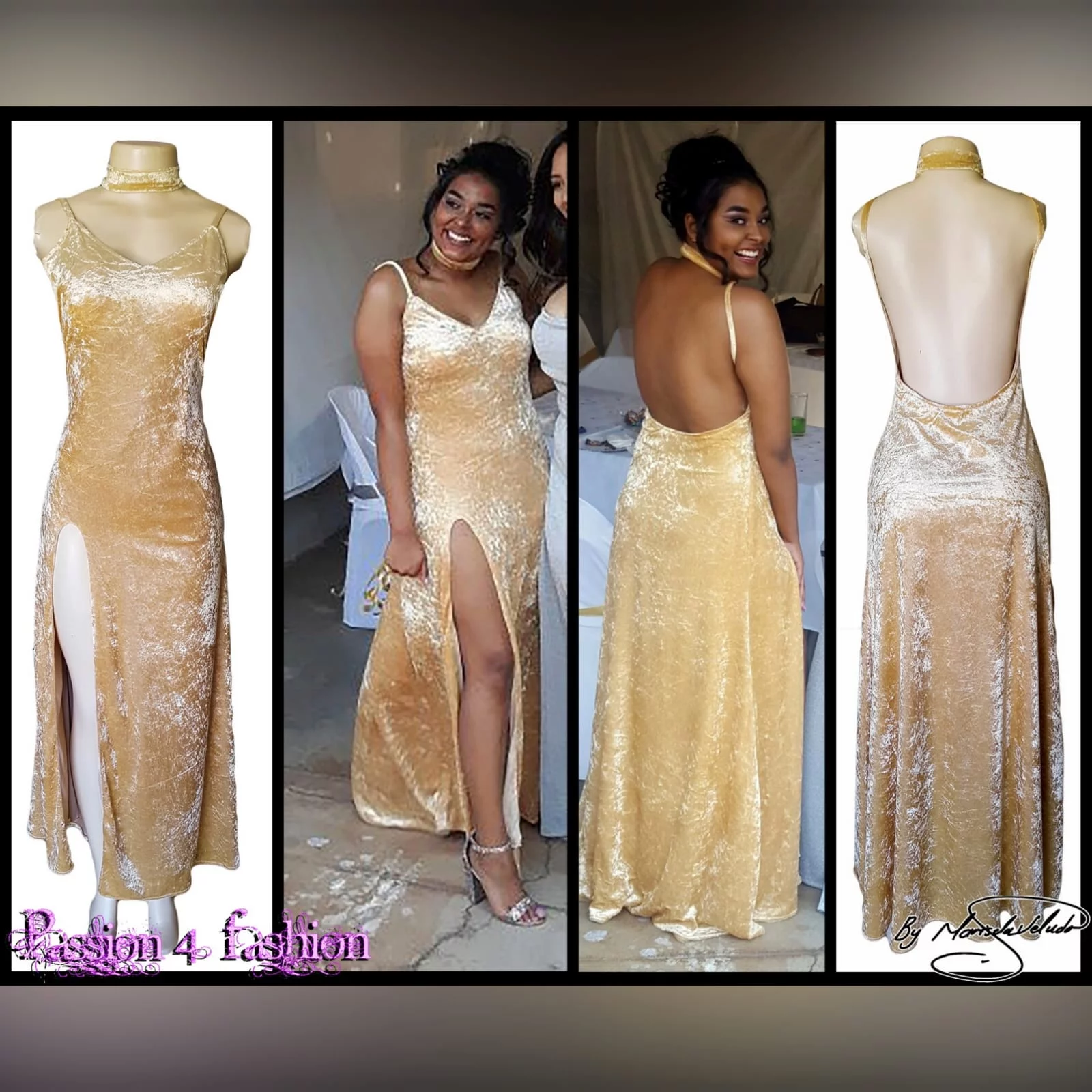 Champagne velvet long matric dance dress 3 champagne velvet long matric dance dress with a v neckline, rounded backless design with a high slit and a matching choker.