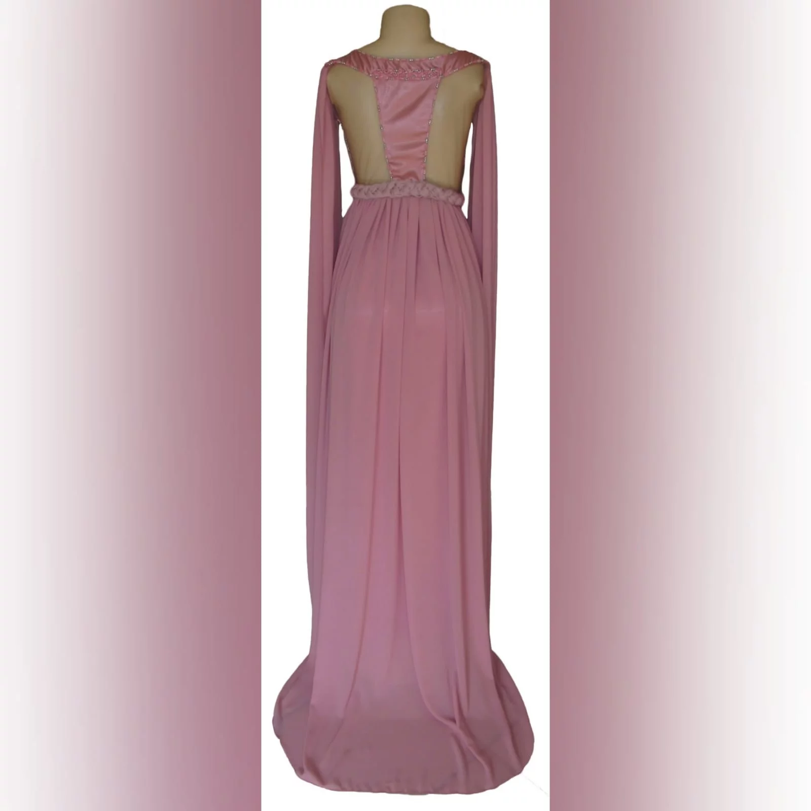 Dusty pink chiffon beaded prom dress 5 dusty pink chiffon beaded prom dress, bateau neckline effect with an illusion back, fully beaded bodice, plaited belt detail with a slit and a train. Shoulders with chiffon draping creating a goddess look.