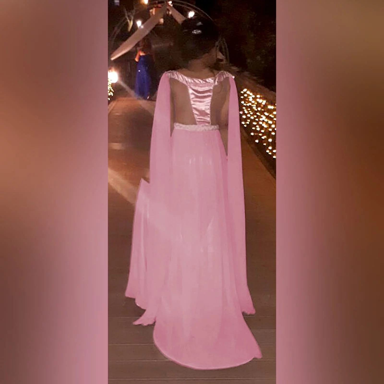 Dusty pink chiffon beaded prom dress 6 dusty pink chiffon beaded prom dress, bateau neckline effect with an illusion back, fully beaded bodice, plaited belt detail with a slit and a train. Shoulders with chiffon draping creating a goddess look.