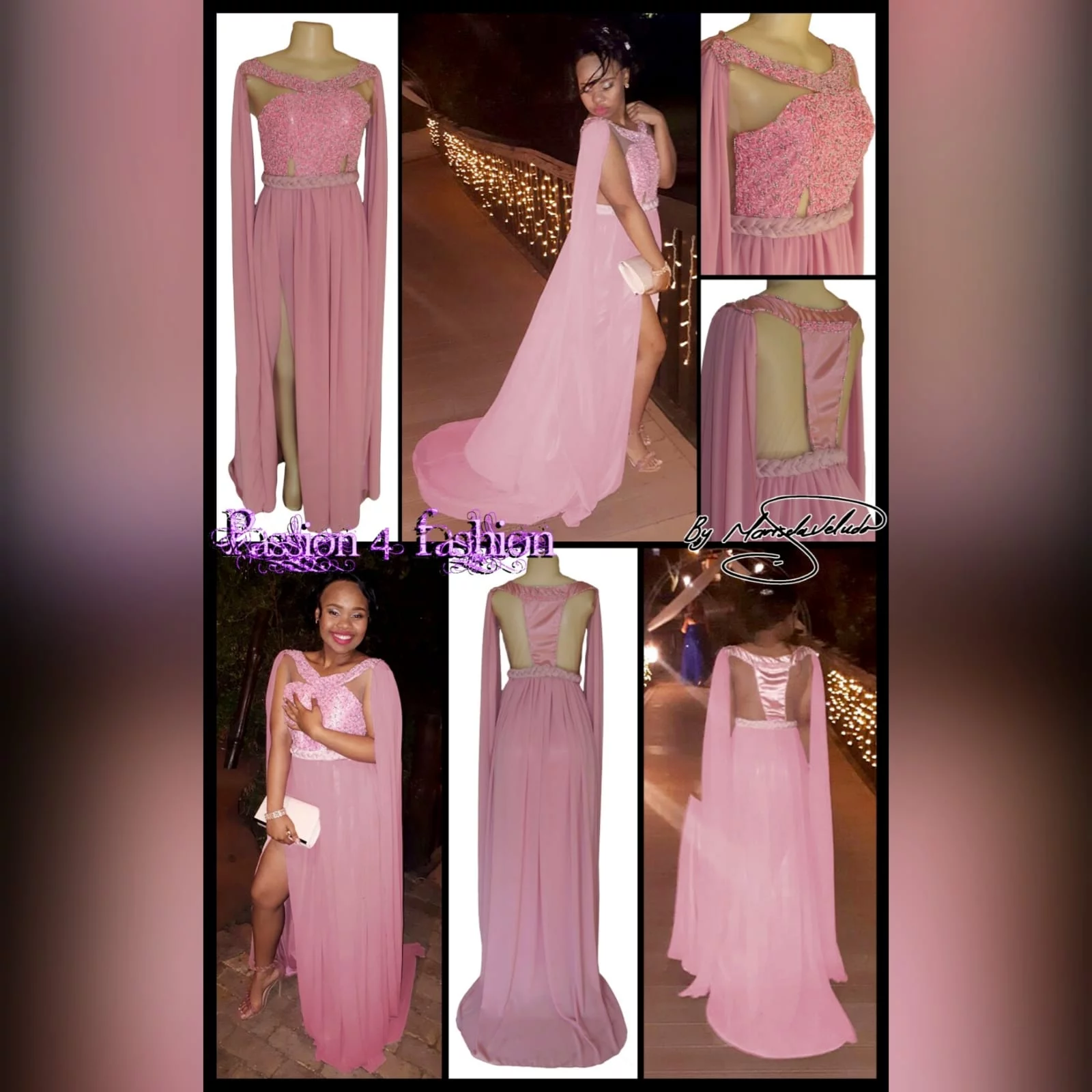 Dusty pink chiffon beaded prom dress 7 dusty pink chiffon beaded prom dress, bateau neckline effect with an illusion back, fully beaded bodice, plaited belt detail with a slit and a train. Shoulders with chiffon draping creating a goddess look.