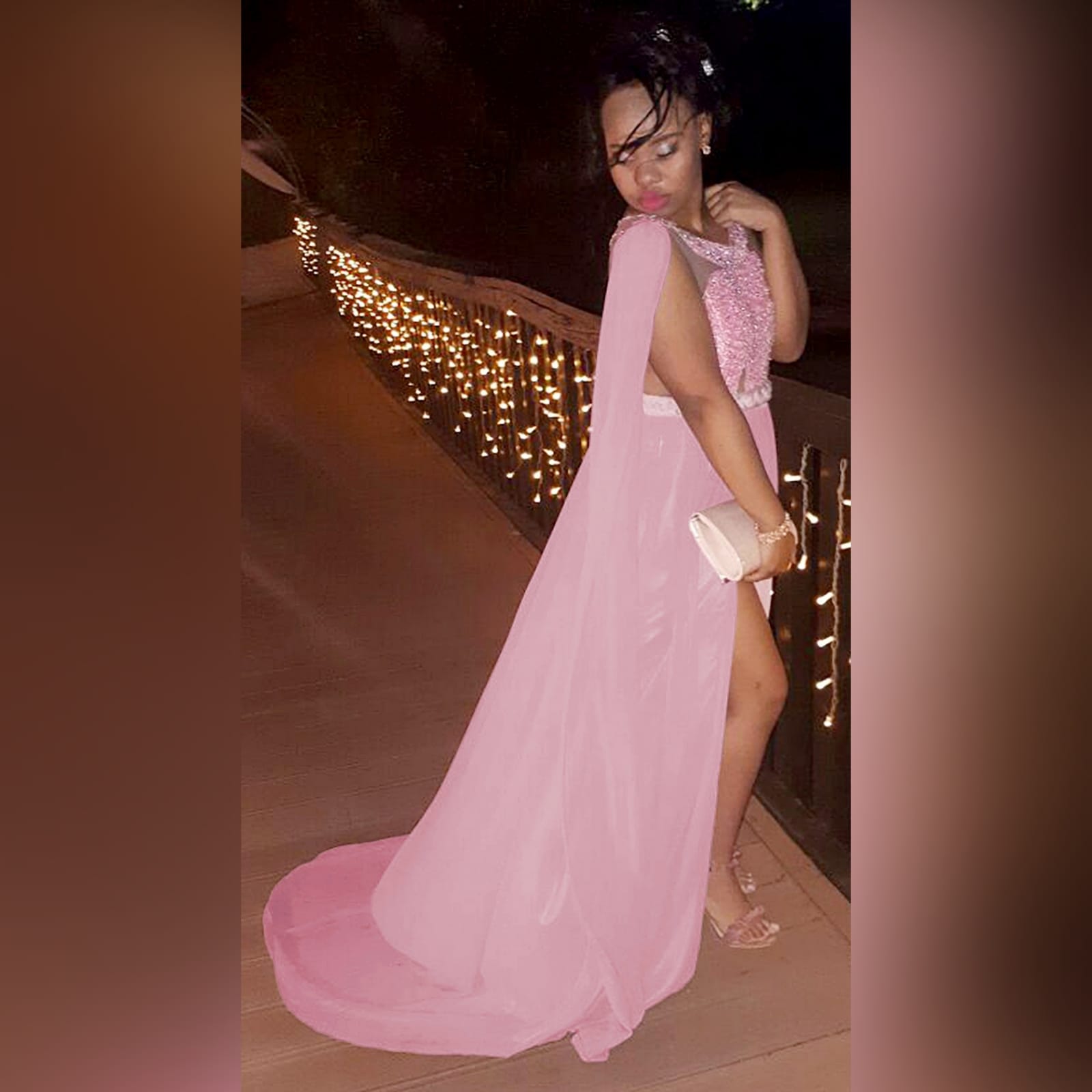 Dusty pink chiffon beaded prom dress 9 dusty pink chiffon beaded prom dress, bateau neckline effect with an illusion back, fully beaded bodice, plaited belt detail with a slit and a train. Shoulders with chiffon draping creating a goddess look.