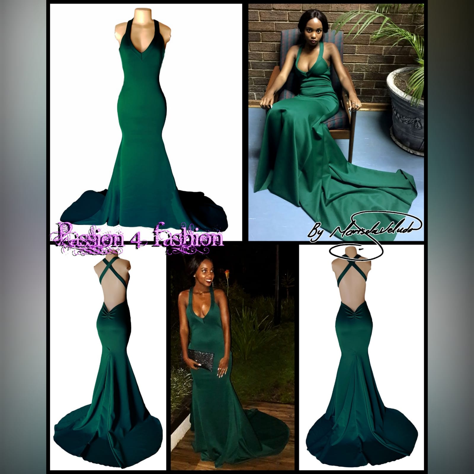 Emerald green soft mermaid matric farewell dress 7 emerald green soft mermaid matric farewell dress, with a v neckline, low open v back with pleated detail and crossed straps, with a train.