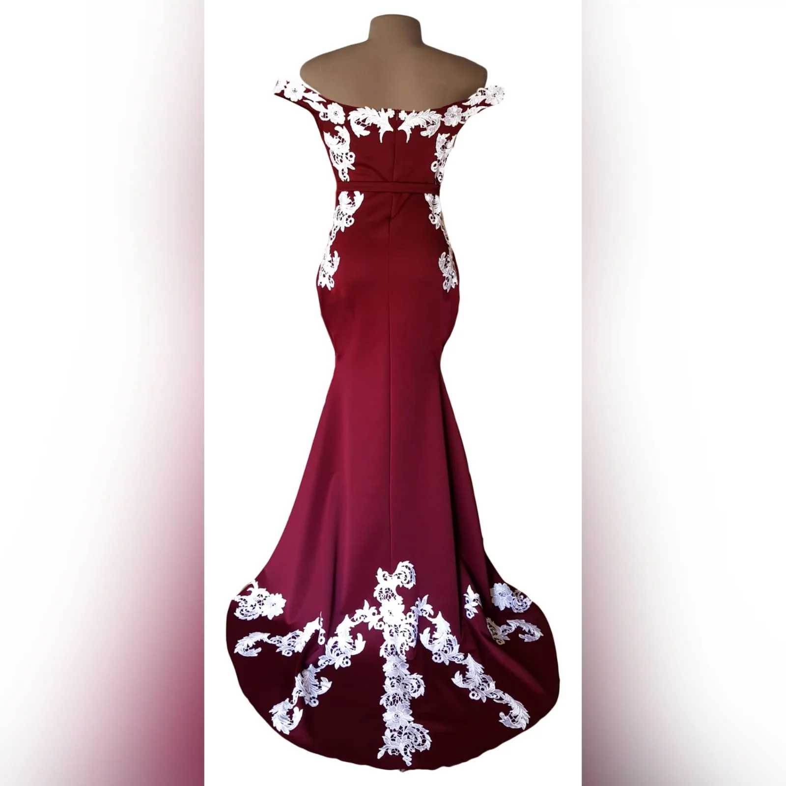 Maroon and white off shoulder soft mermaid prom dress 2 maroon and white off shoulder soft mermaid prom dress. With bodice, hips and train detailed with white lace.