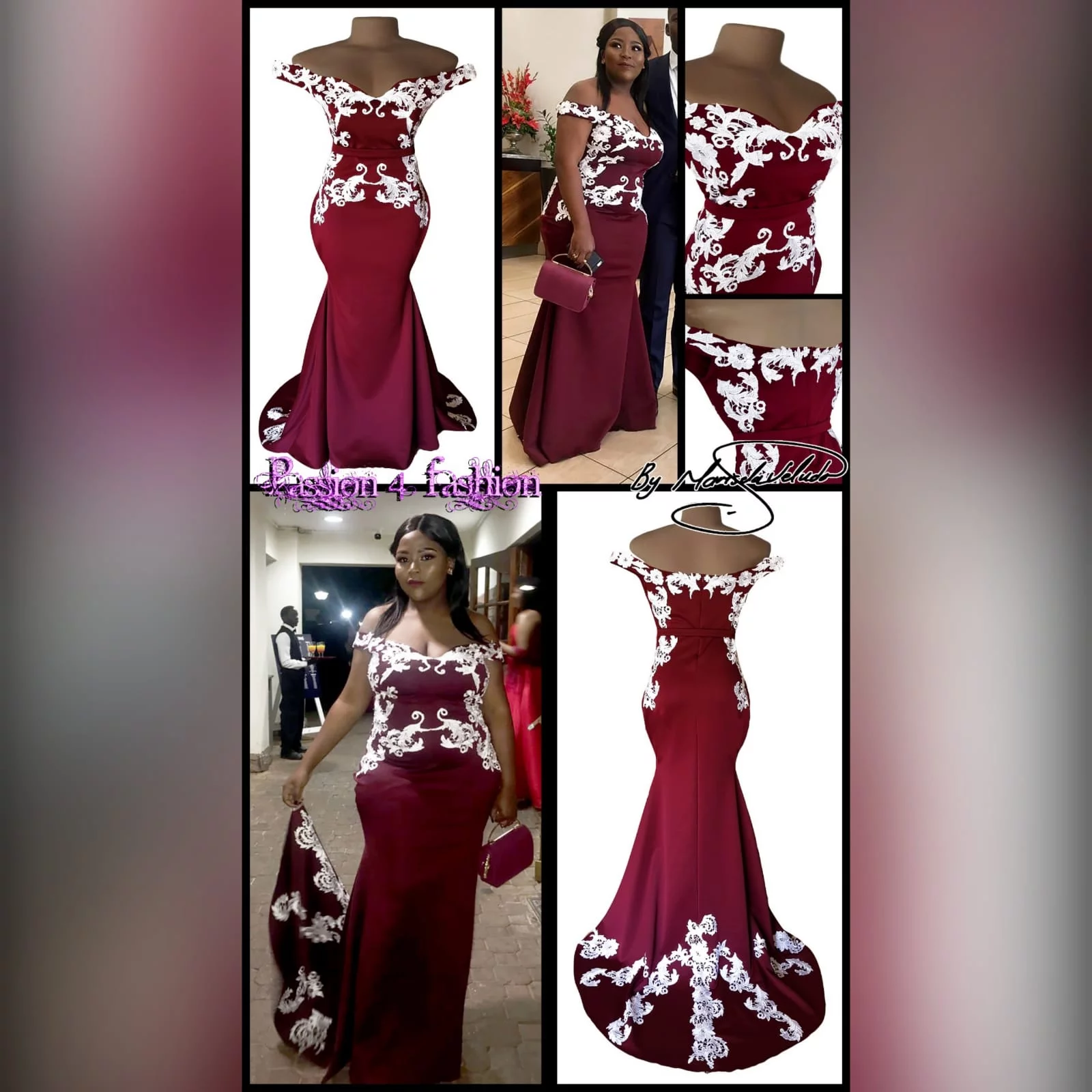 Maroon and white off shoulder soft mermaid matric dress 3 maroon and white off shoulder soft mermaid matric dress. With bodice, hips and train detailed with white lace.