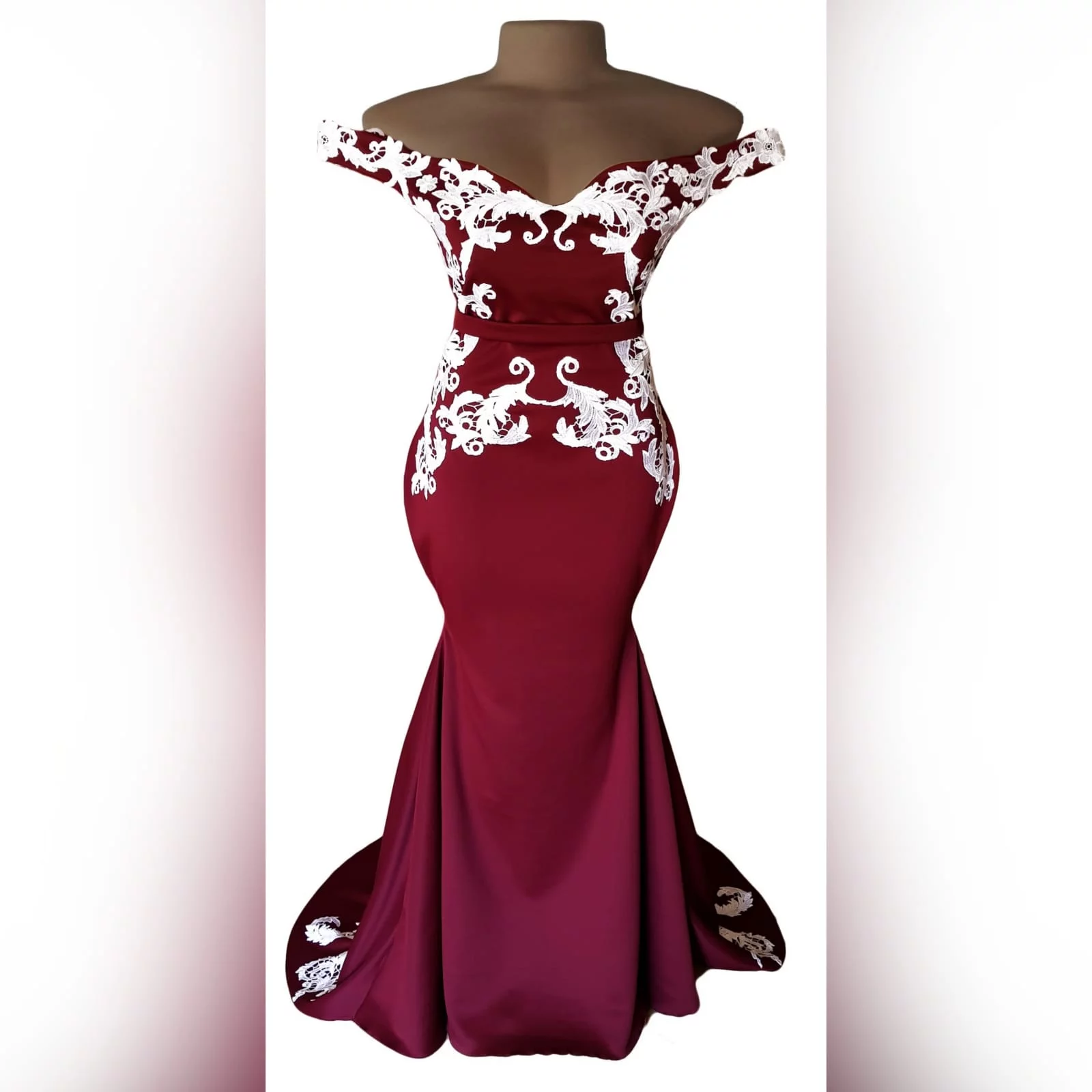 Maroon and white off shoulder soft mermaid prom dress 7 maroon and white off shoulder soft mermaid prom dress. With bodice, hips and train detailed with white lace.