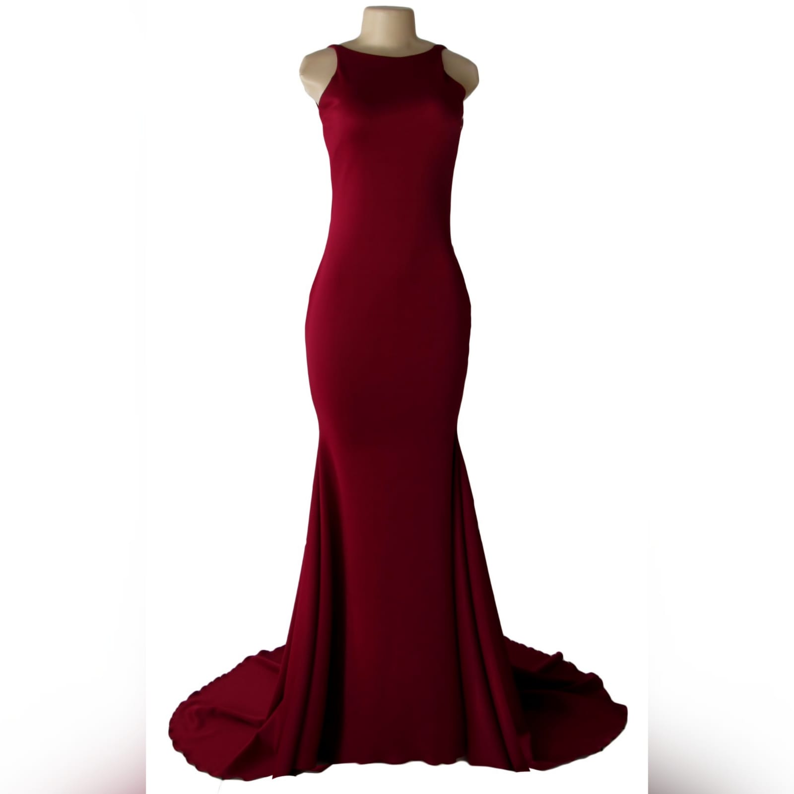 Maroon simple soft mermaid prom dress 4 maroon simple soft mermaid prom dress with a jewel neckline and a low rounded open back, thin shoulder straps and a train.