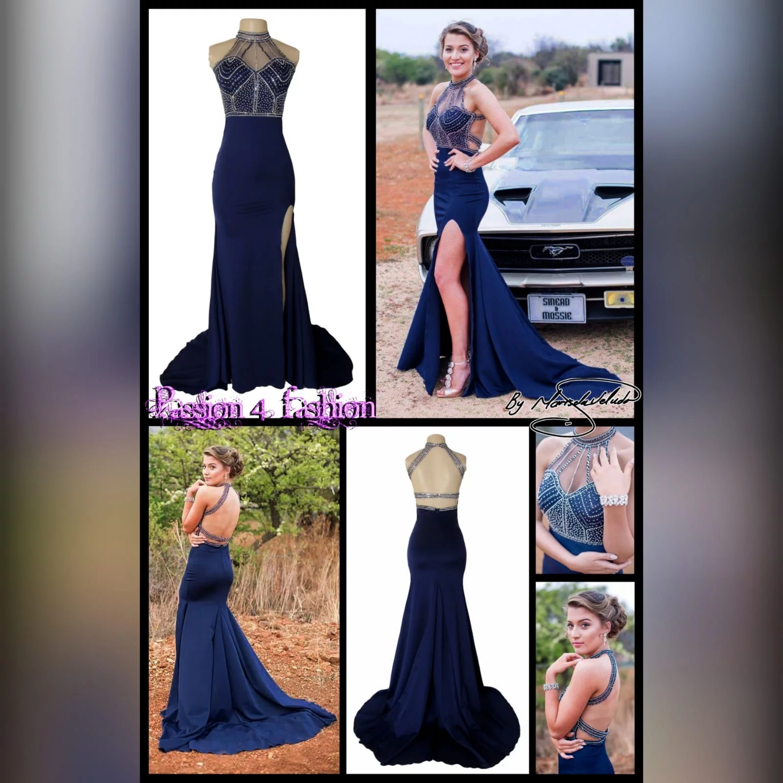 Navy blue silver beaded prom dress 5 navy blue silver beaded prom dress with an illusion neckline and a choker effect. Backless design detailed with beaded straps. Fitted bottom with a slit and a train.