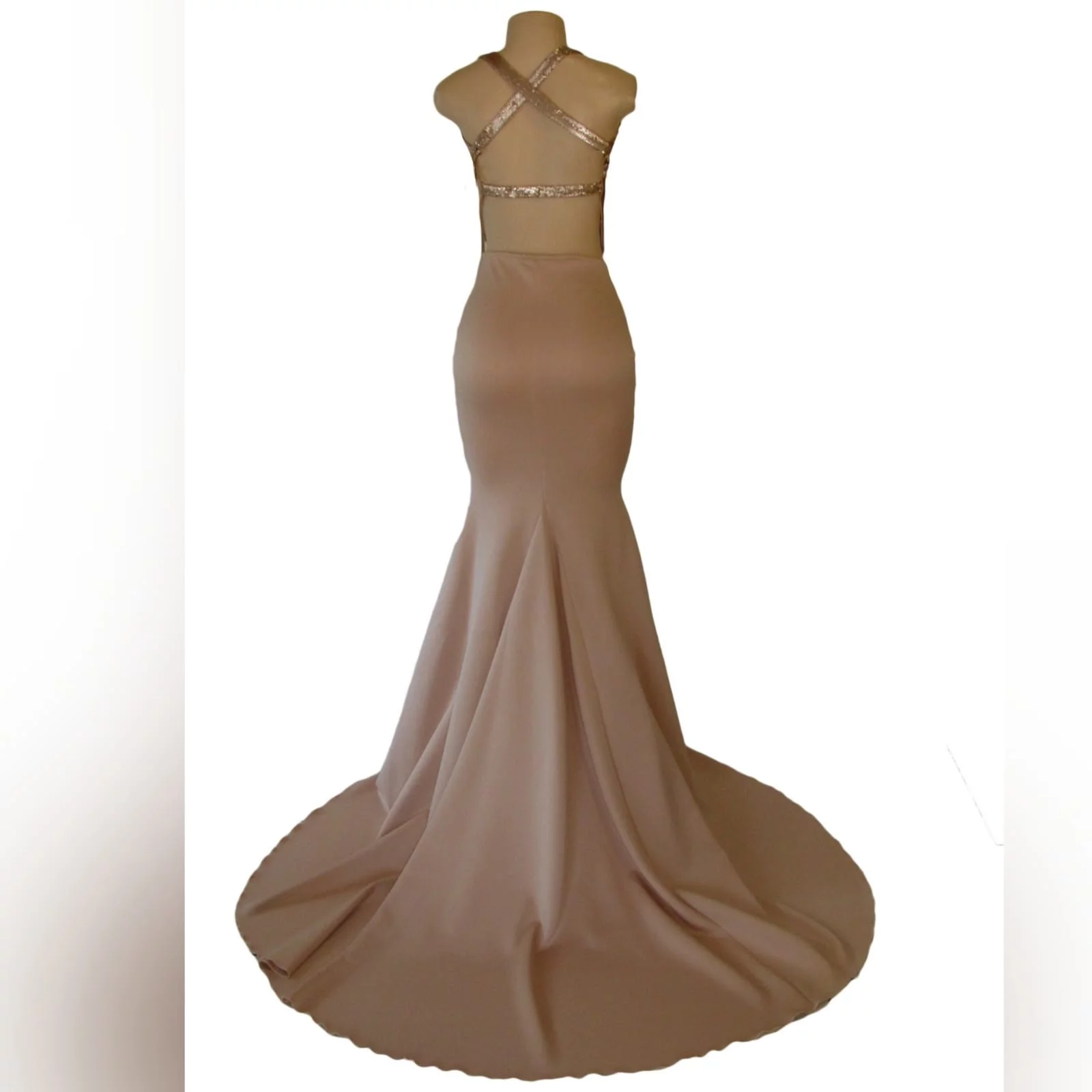 Nude and gold soft mermaid prom dress 6 nude and gold soft mermaid prom dress. Bodice in sequins with a plunging neckline and a naked back detailed with straps. Bottom with a long wide train.
