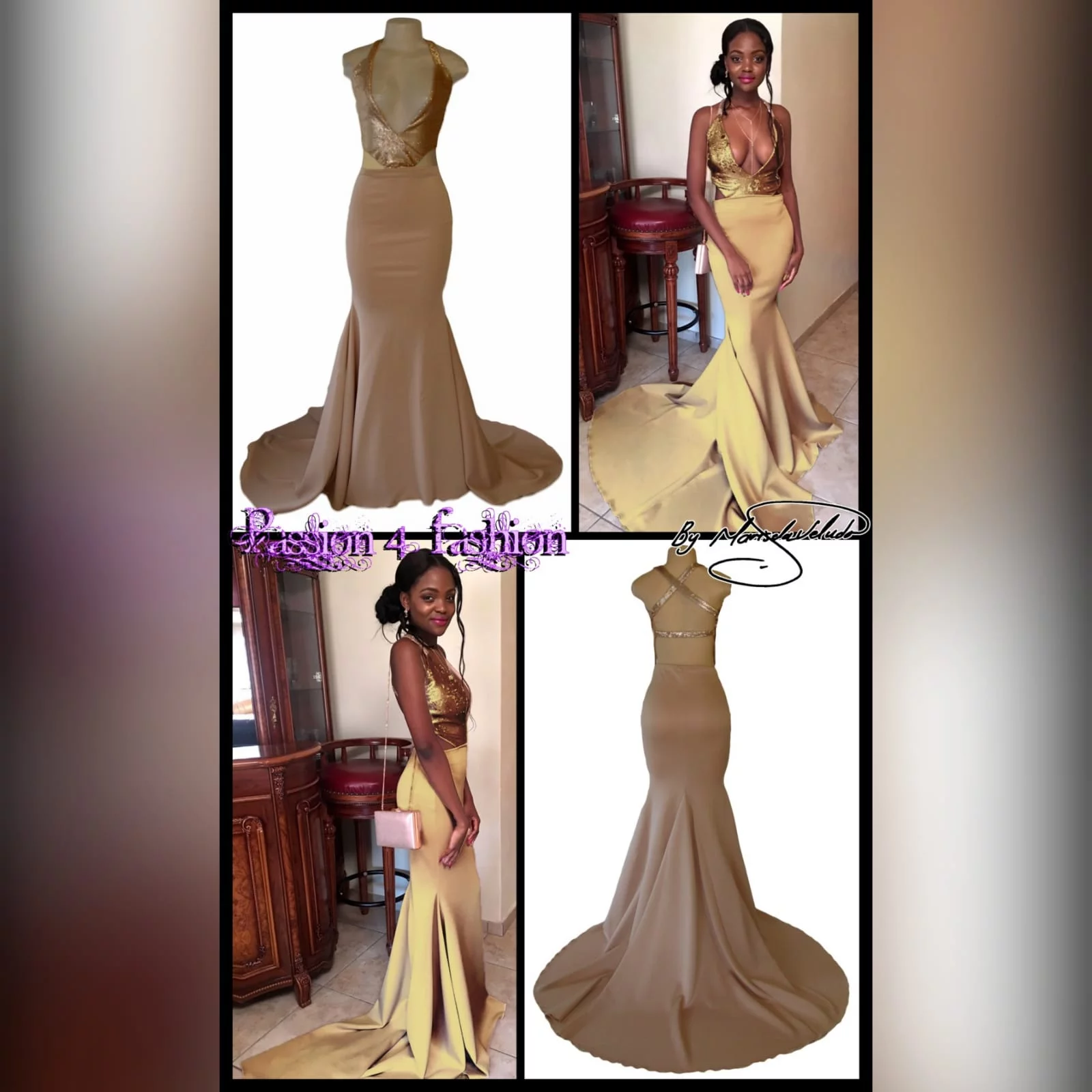 Nude and gold soft mermaid prom dress 5 nude and gold soft mermaid prom dress. Bodice in sequins with a plunging neckline and a naked back detailed with straps. Bottom with a long wide train.