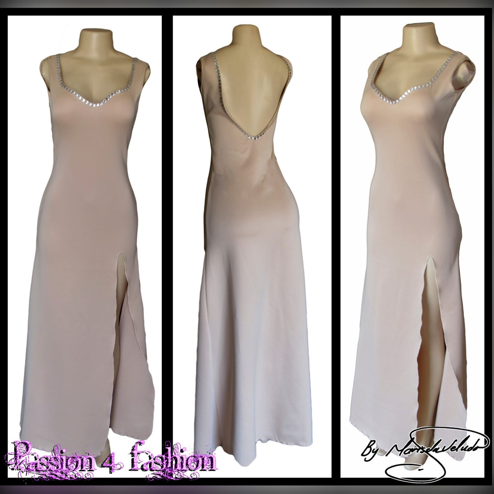 Nude simple elegant formal dress 3 nude simple elegant formal dress with a sweetheart neckline and a low rounded open back. Detailed with silver beads and a slit.