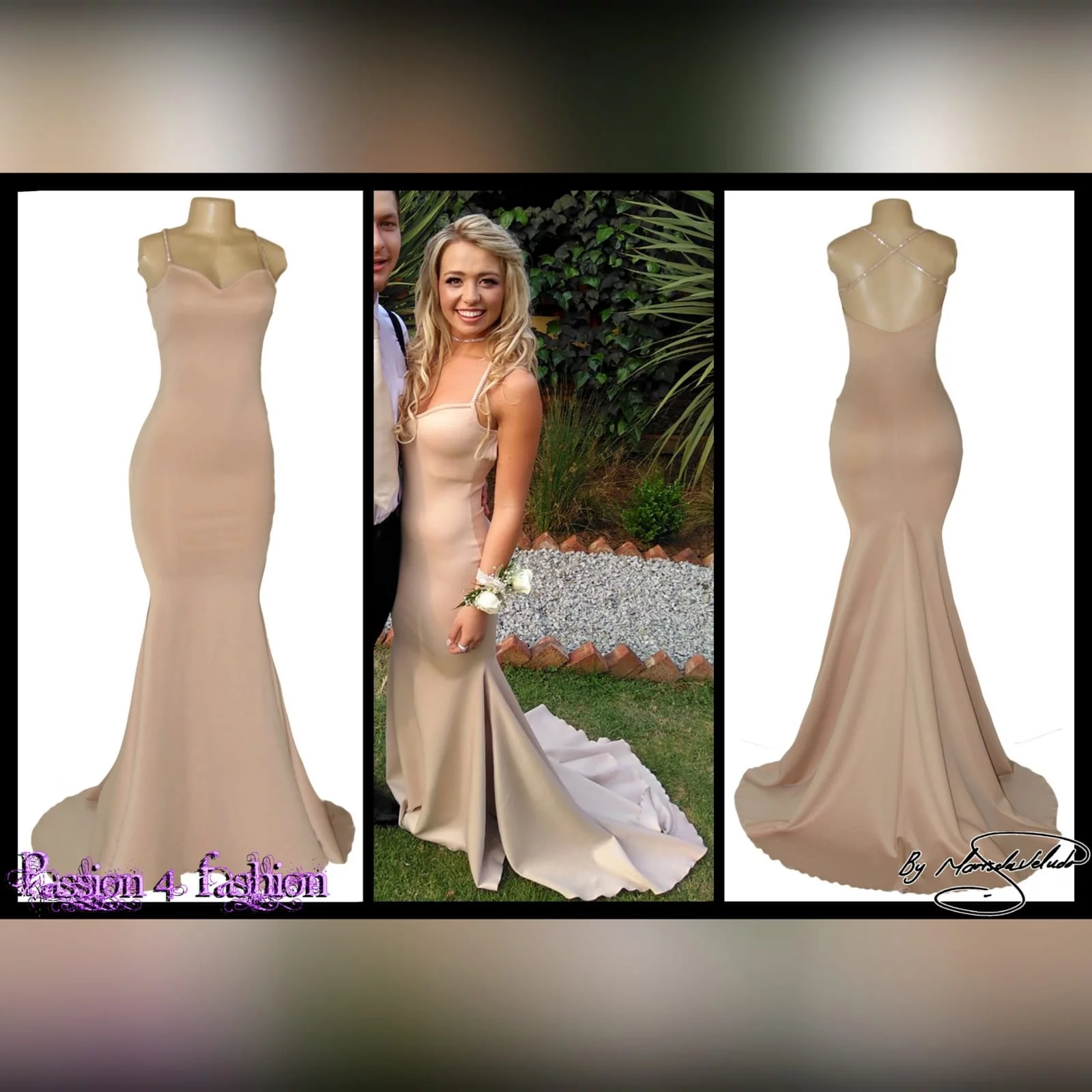 Nude simple mermaid prom dress 3 nude simple mermaid prom dress with a sweetheart neckline, open back, thin shoulder straps crossed at the back and detailed with diamante. Dress with a train.