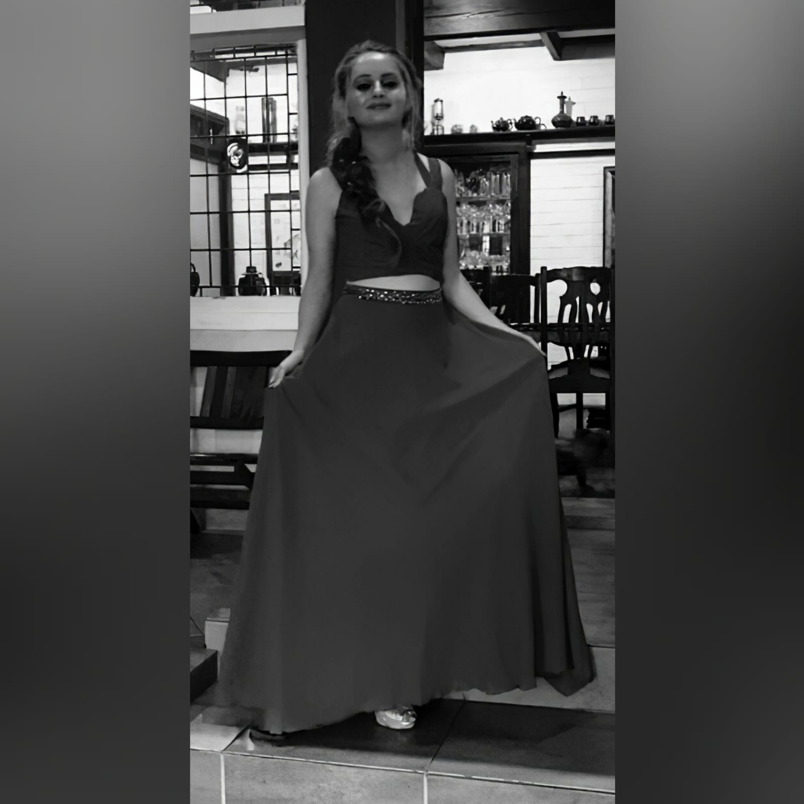 Olive green 2 piece matric dance dress 6 olive green 2 piece matric dance dress. Flowy long chiffon shirt with a little train and waistband detailed with silver beads. Pleated crop top with a rounded deep neckline , backless design with strap detail.