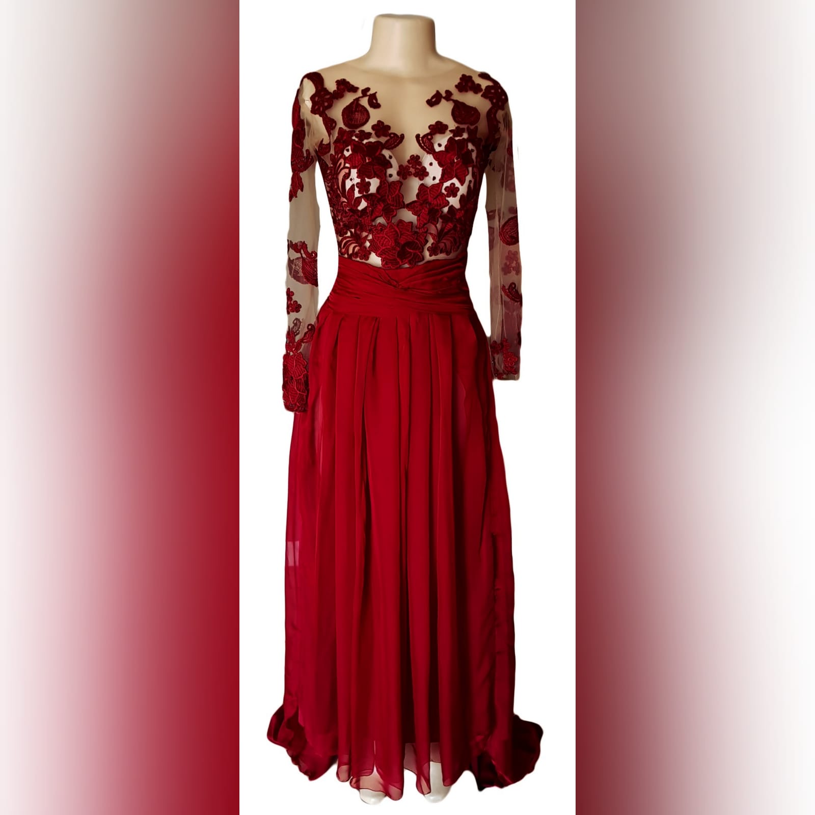 Red lace and chiffon prom dress 6 red lace and chiffon prom dress with an illusion lace bodice, illusion open back and sleeves detailed with lace and beads. A gathered chiffon bottom with a ruched belt a sheer slit and a train.