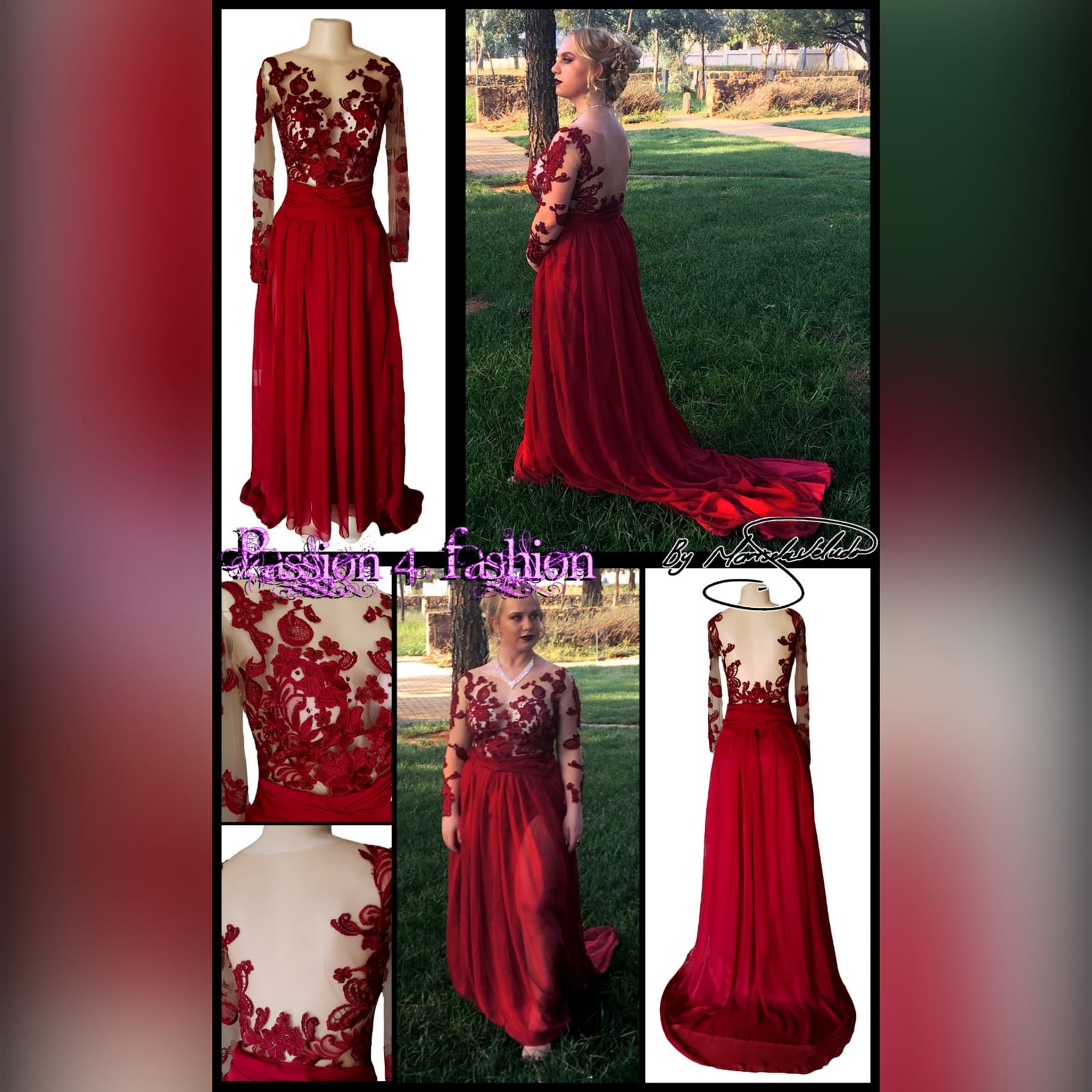 Red lace and chiffon prom dress 2 red lace and chiffon prom dress with an illusion lace bodice, illusion open back and sleeves detailed with lace and beads. A gathered chiffon bottom with a ruched belt a sheer slit and a train.