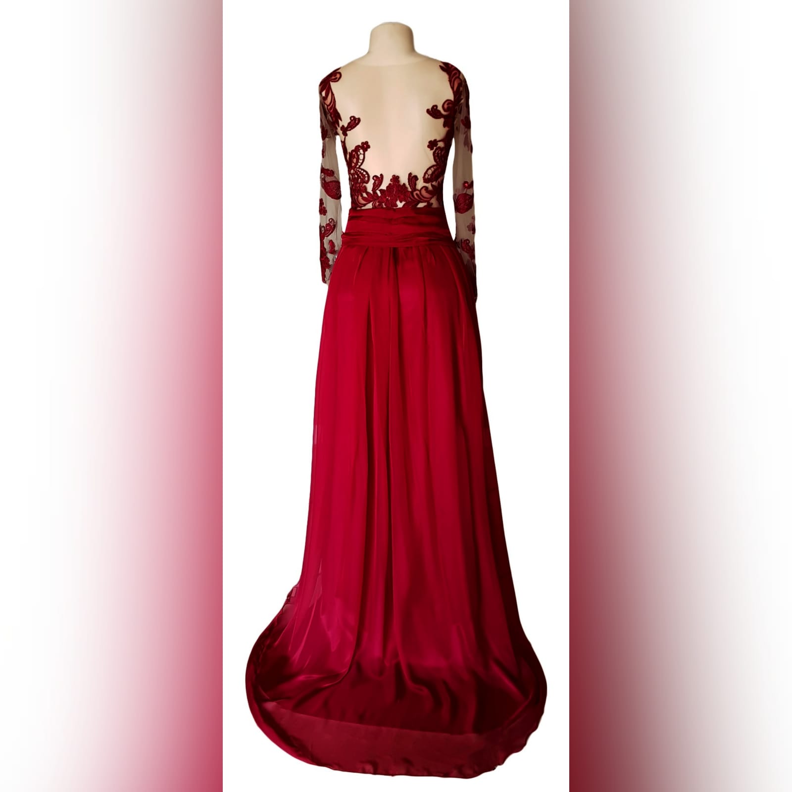 Red lace and chiffon prom dress 4 red lace and chiffon prom dress with an illusion lace bodice, illusion open back and sleeves detailed with lace and beads. A gathered chiffon bottom with a ruched belt a sheer slit and a train.