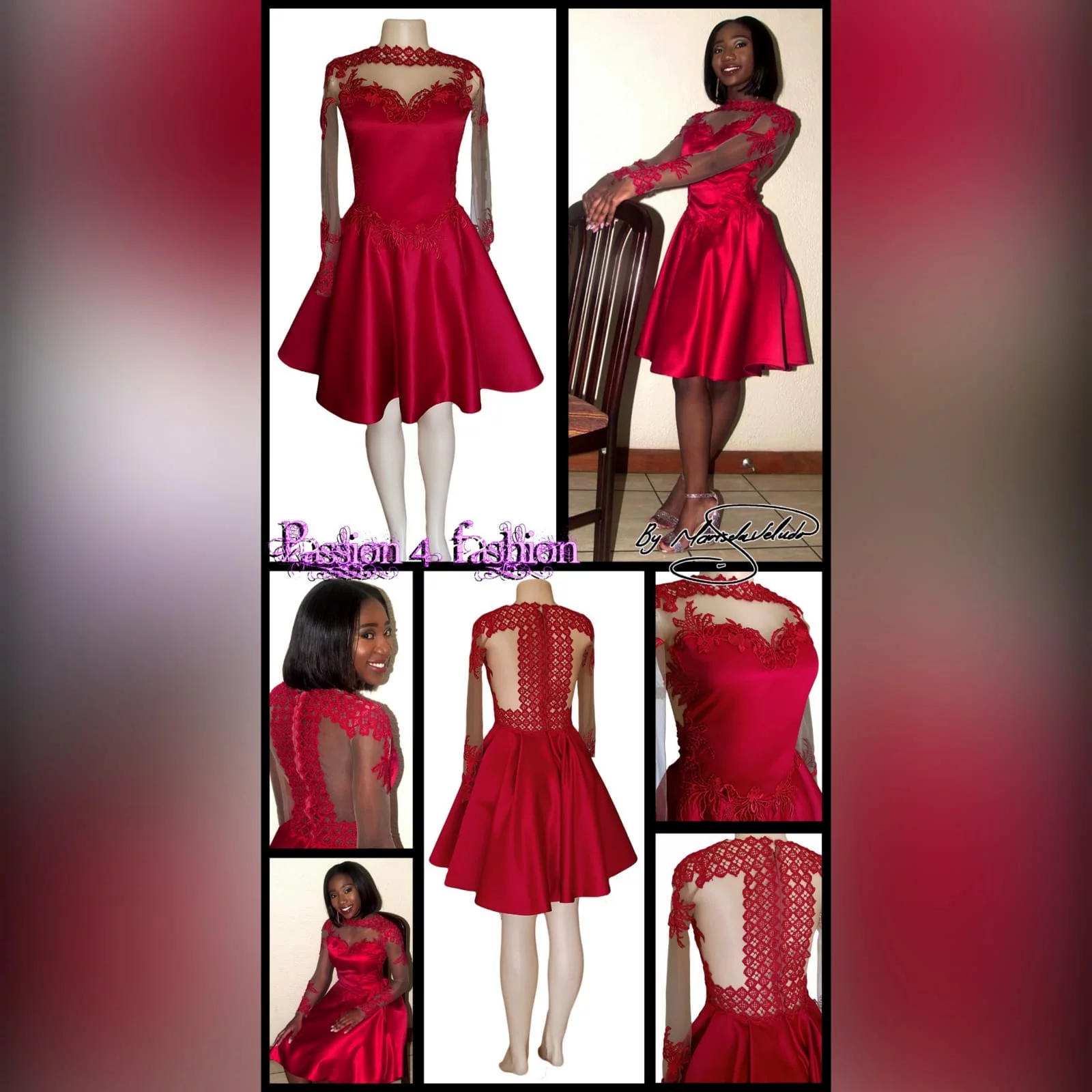 Red short satin prom dress 3 red short satin prom dress with an illusion neckline detailed with lace, long illusion lace sleeves. Illusion back detailed with lace.