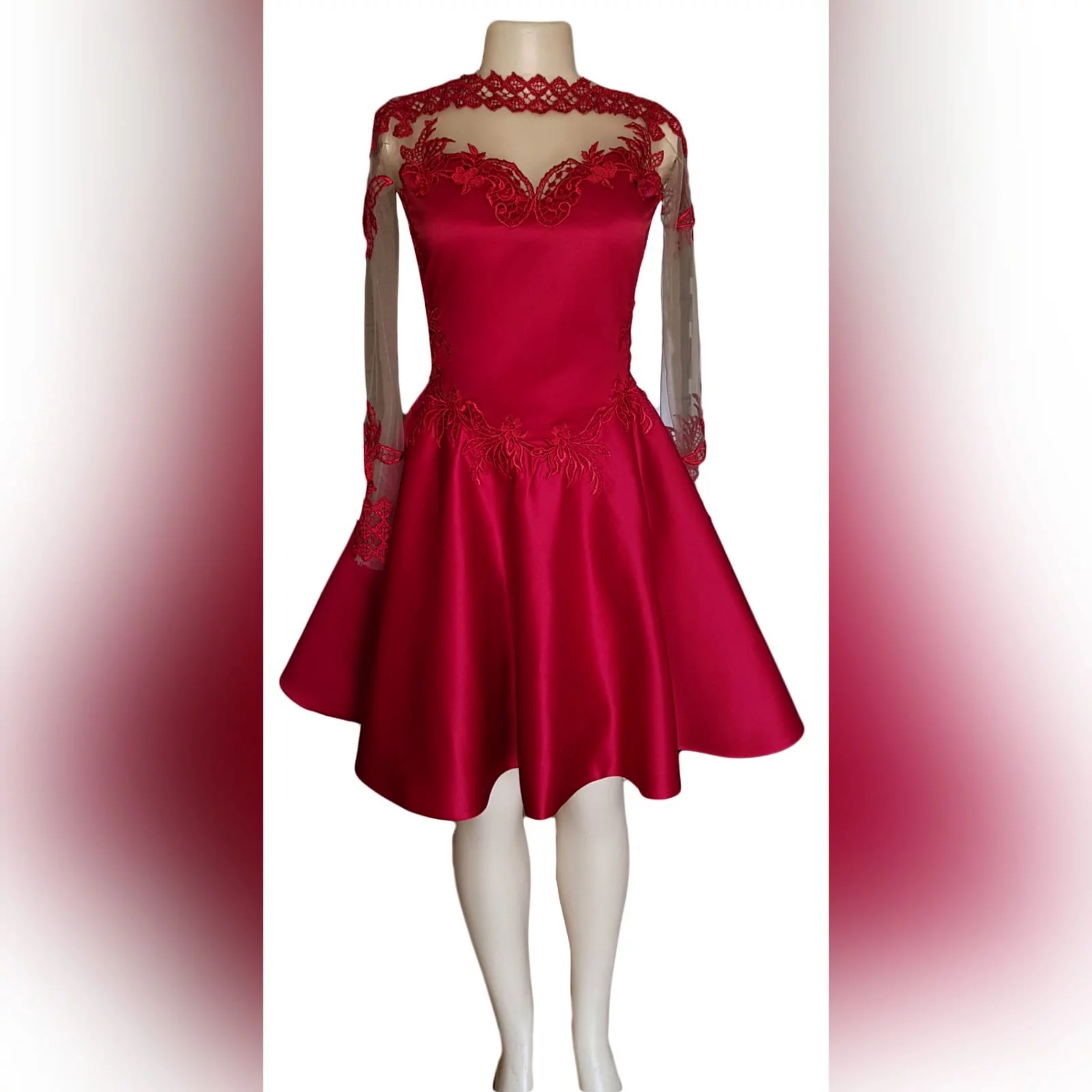Red short satin prom dress 4 red short satin prom dress with an illusion neckline detailed with lace, long illusion lace sleeves. Illusion back detailed with lace.