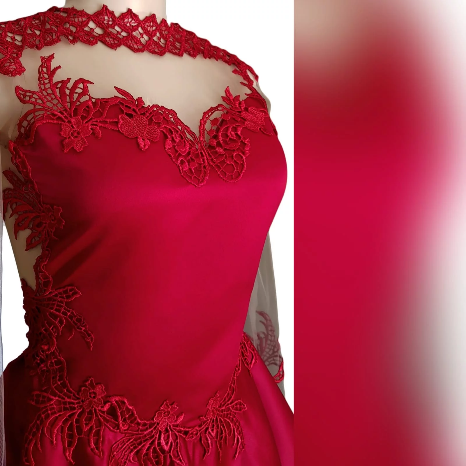 Red short satin prom dress 8 red short satin prom dress with an illusion neckline detailed with lace, long illusion lace sleeves. Illusion back detailed with lace.
