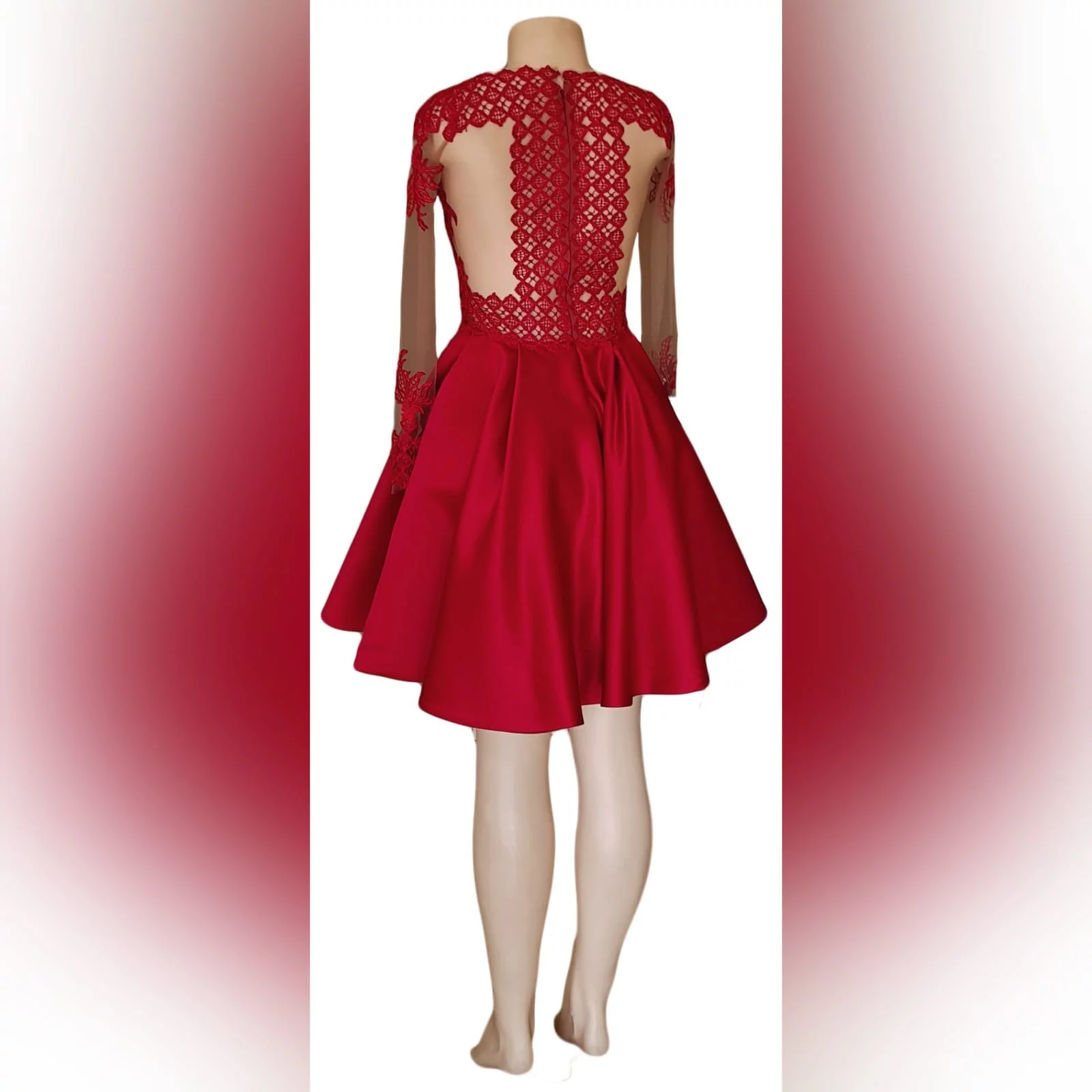 Red short satin prom dress 9 red short satin prom dress with an illusion neckline detailed with lace, long illusion lace sleeves. Illusion back detailed with lace.