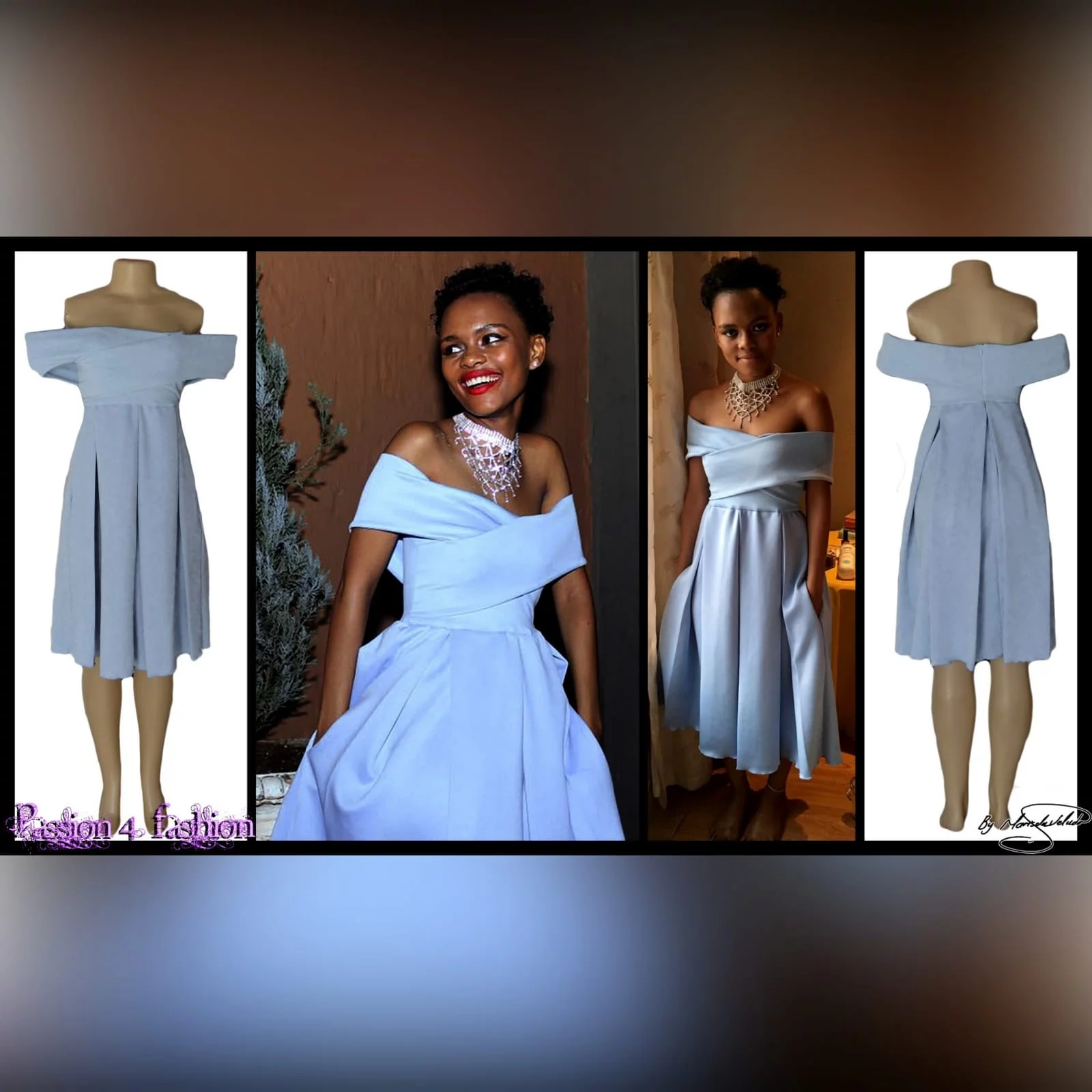 Short pale blue pleated cocktail dress 3 short pale blue pleated cocktail dress with a crossed bust design creating off shoulder short sleeves, pleated bottom with pockets.