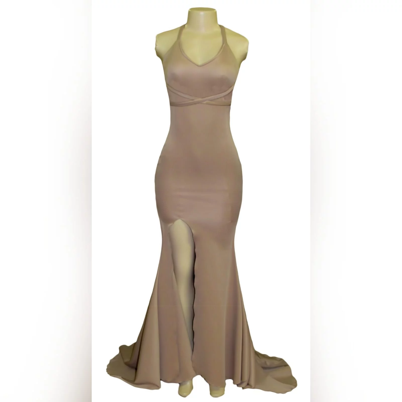 Tan sexy soft mermaid matric dance dress 6 tan sexy soft mermaid matric farewell dress with a naked back detailed with straps, with a slit and a long train.