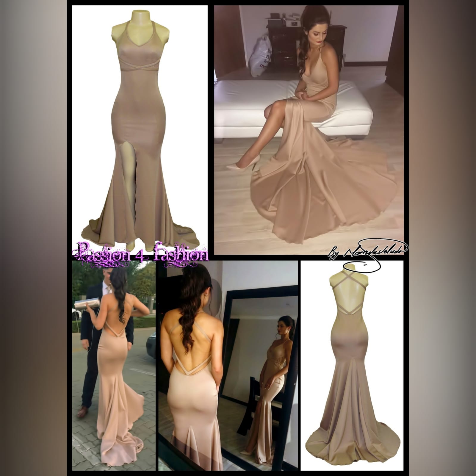 Tan sexy soft mermaid prom dress 7 tan sexy soft mermaid prom dress with a naked back detailed with straps, with a slit and a long train.