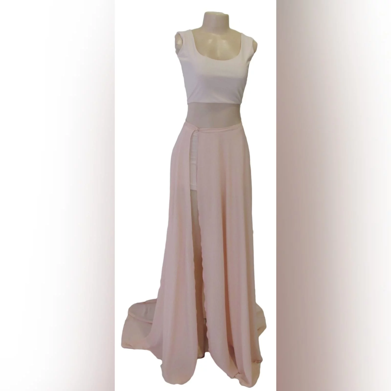 2 piece nude and white smart casual prom dress 5 2 piece nude and white smart casual prom dress. White crop top with a rounded neckline, low open back closed with buttons. Long chiffon skirt with a slit and a train.