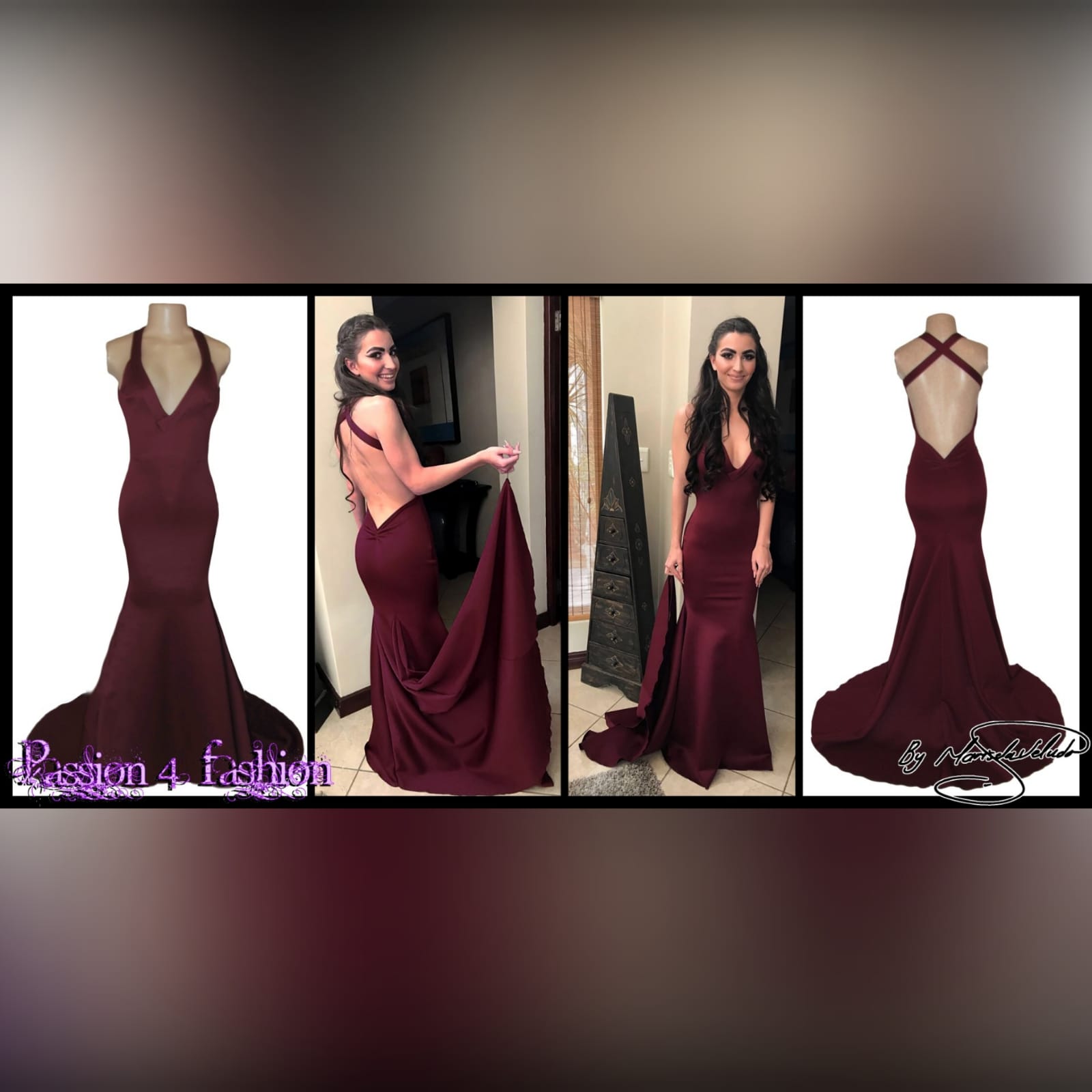 Burgundy soft mermaid sexy matric dress 2 burgundy soft mermaid sexy matric dress with a v neckline, low naked back and a train.