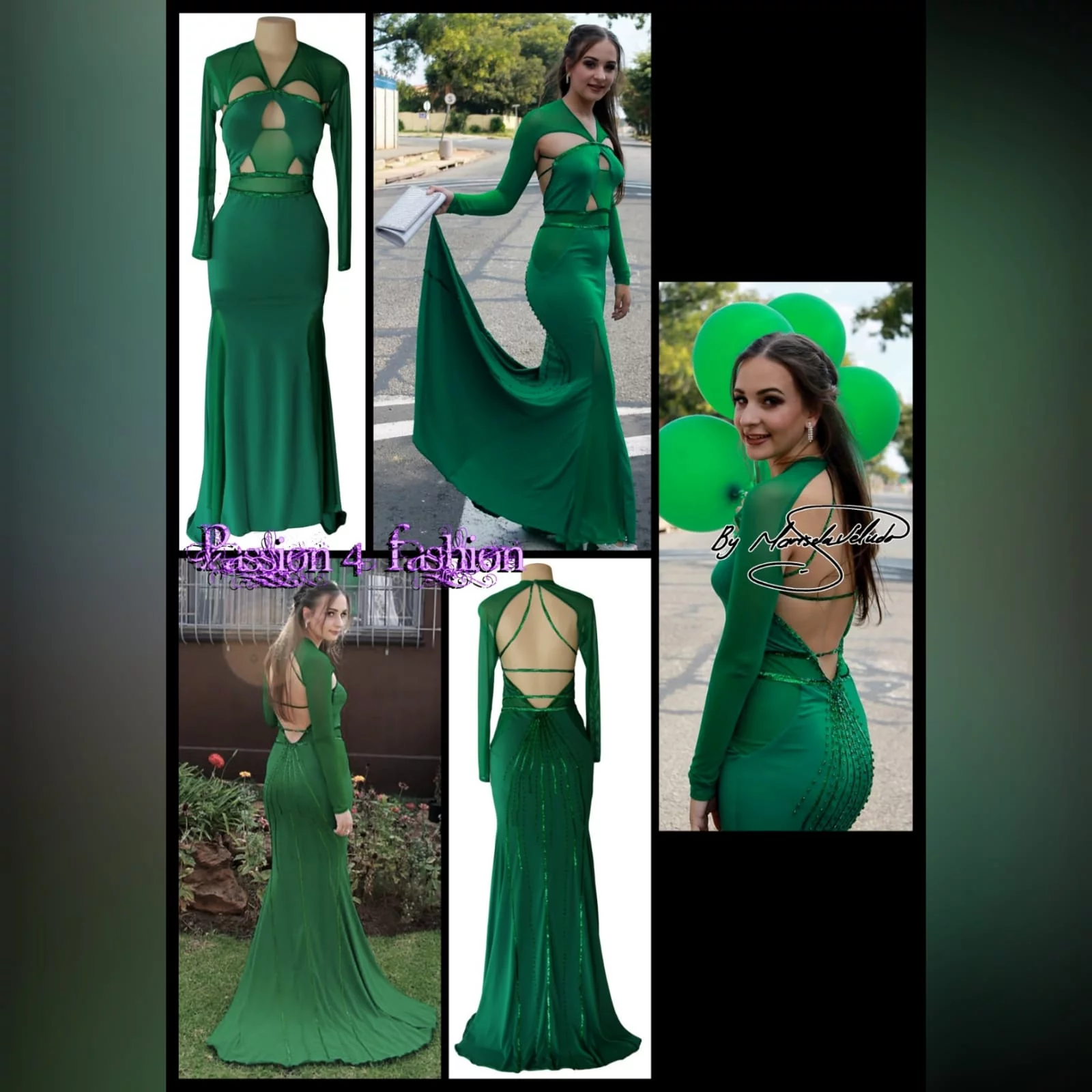 Green soft mermaid sexy unique evening dress 5 green soft mermaid sexy unique evening dress. Long sleeves, shoulders and leg panels in a slightly translucent fabric. A low open back detailed with sequins and beads.